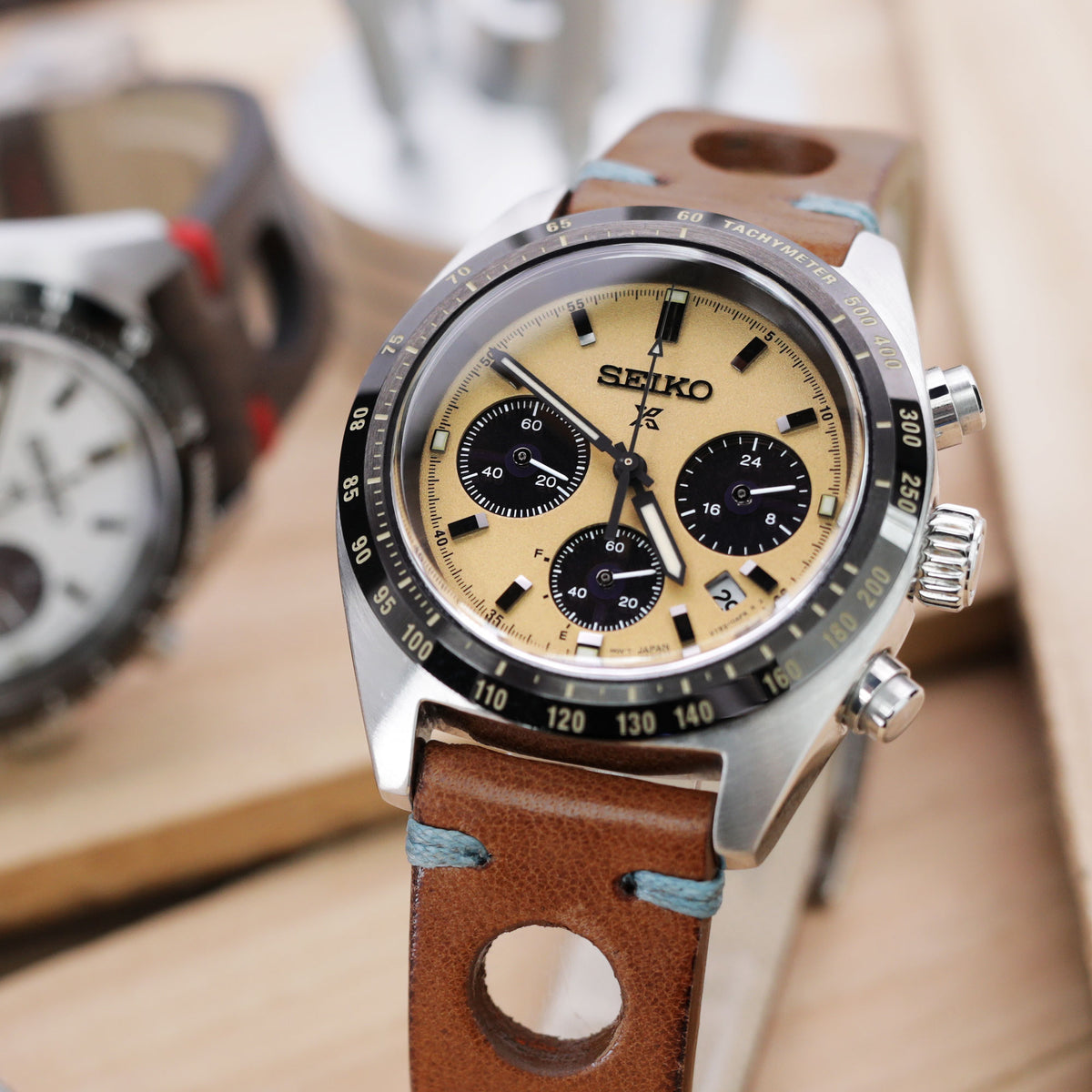 Q.R20mm ブラウン イタリア製ハンドメイド レーサー レザーバンド、ブルーSt.