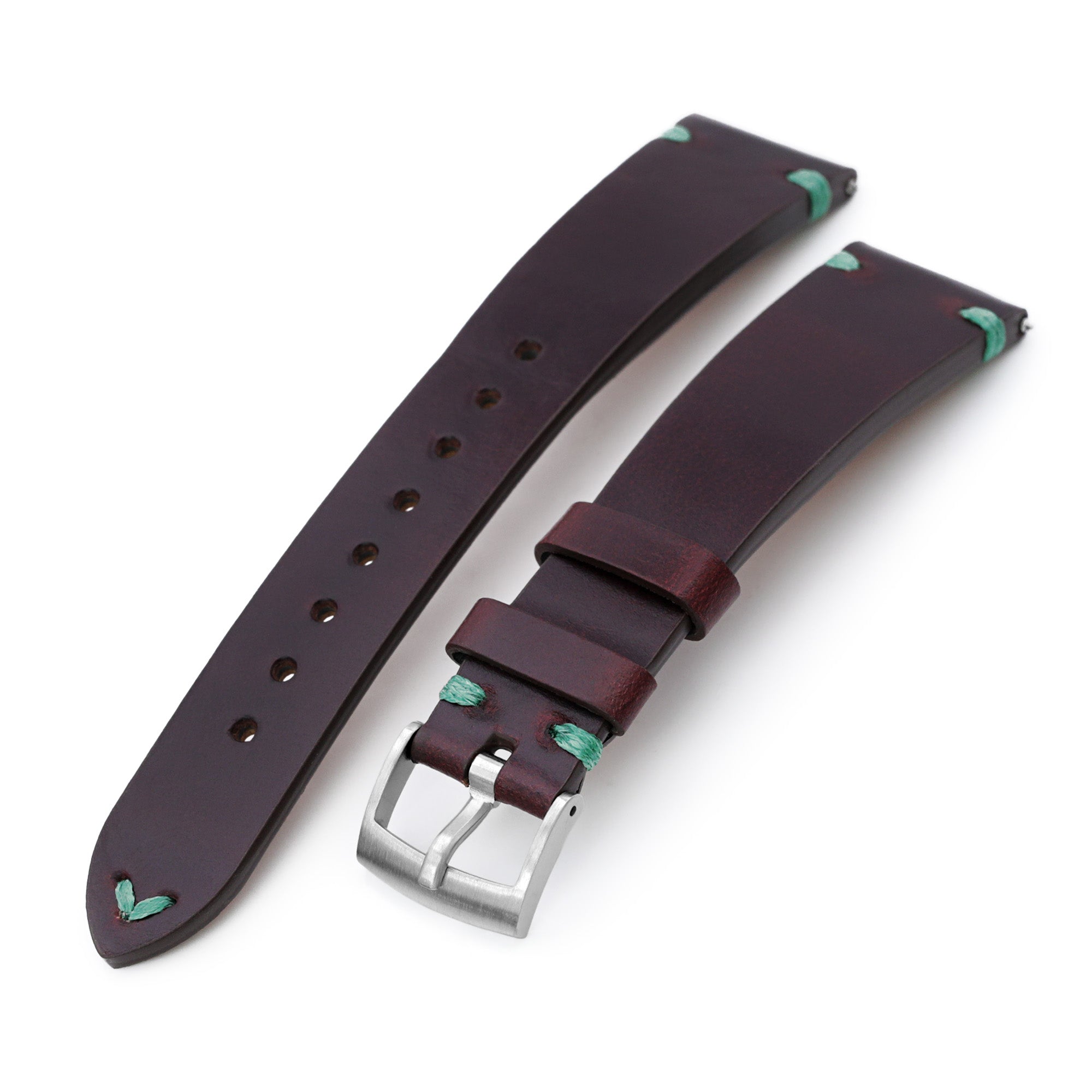 Q.R. 19mm, 20mm Burgundy Horween Chromexcel Watch Strap,Green Stitching Strapcode Watch Bands