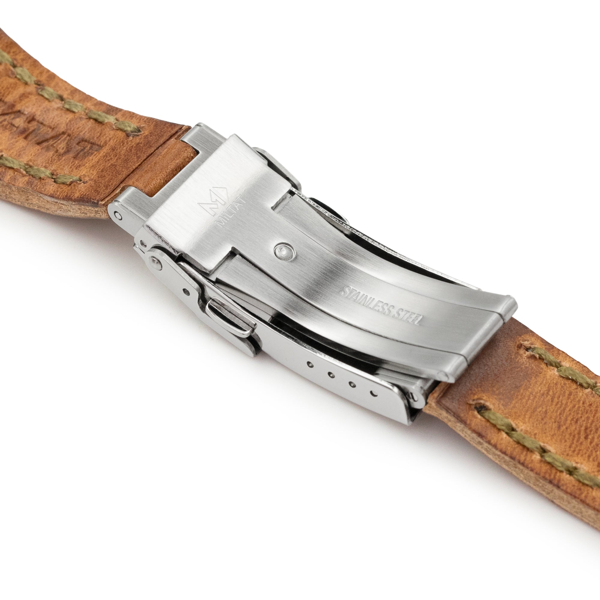 20mm Brown Griffon One-Piece Handcrafted Italian Brown Leather Watch Band, Olive Green StitchStrapcode Watch Bands