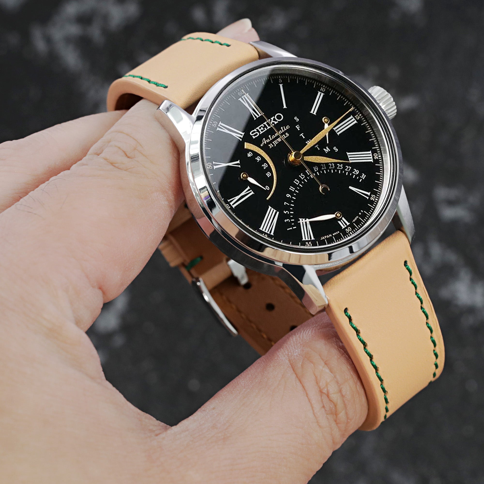 Q.R. 20mm Beige Tapered Leather Watch Band, Forest Green Stitching + Zermatt