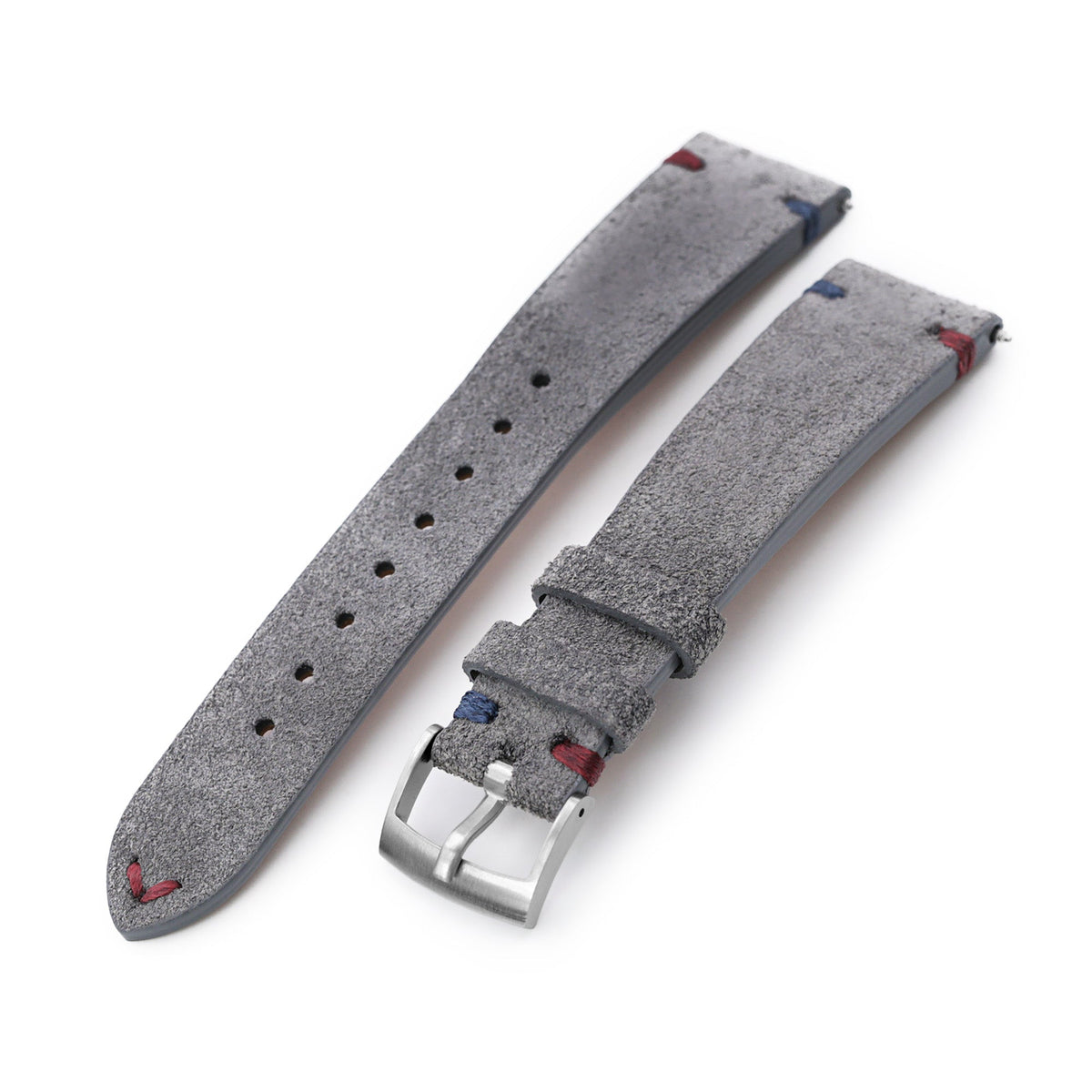 Q.R. Grey Suede watch strap 20mm Leather Watch Band Red+Blue Stitch. Strapcode Watch Bands