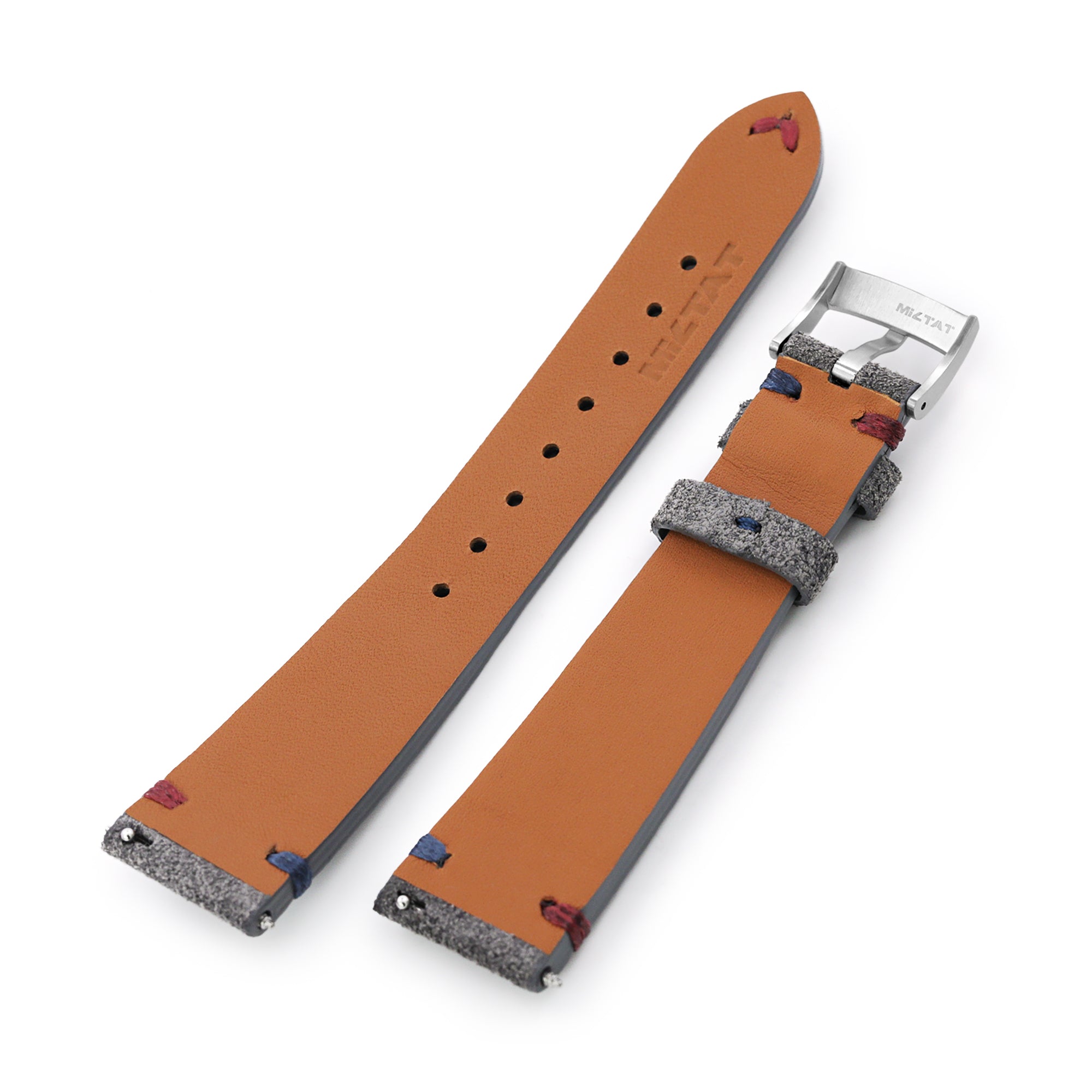 Q.R. Grey Suede watch strap 20mm Leather Watch Band Red+Blue Stitch. Strapcode Watch Bands