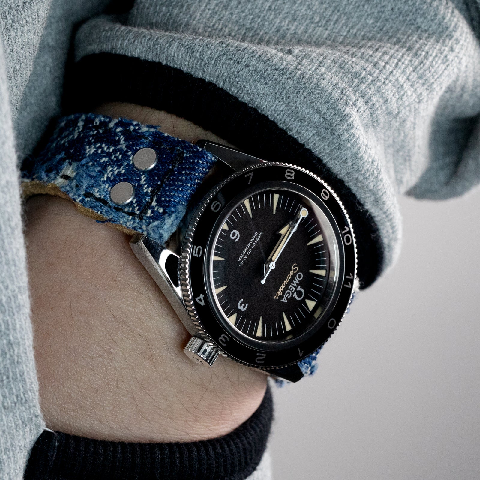 21mm, 22mm MiLTAT Distressed Light Blue Denim Watch Strap, Rivet Military strap