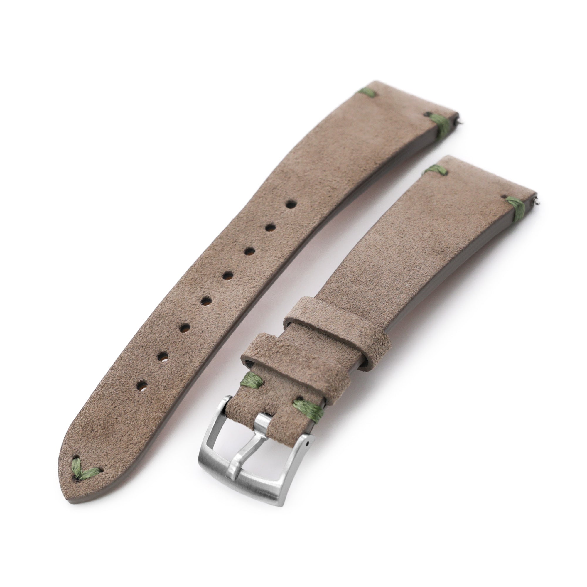 Q.R. Tan / Khaki Suede watch strap 19mm to 21mm Leather Watch Band Green Stitch. Strapcode Watch Bands