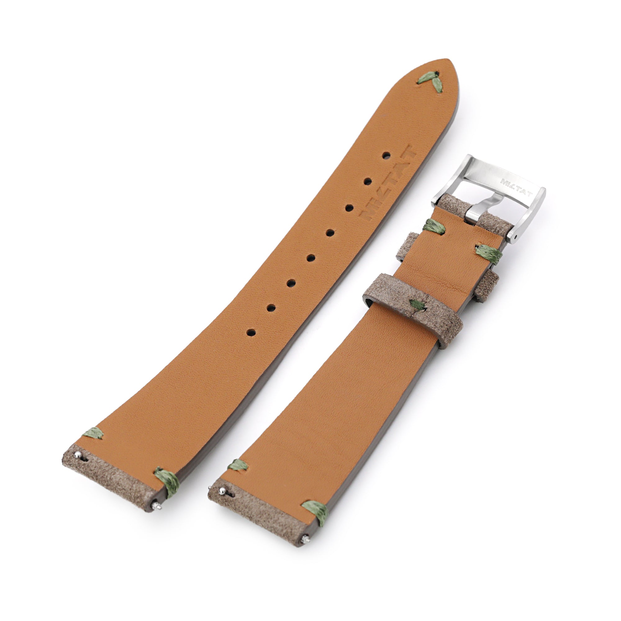 Q.R. Tan / Khaki Suede watch strap 19mm to 21mm Leather Watch Band Green Stitch. Strapcode Watch Bands