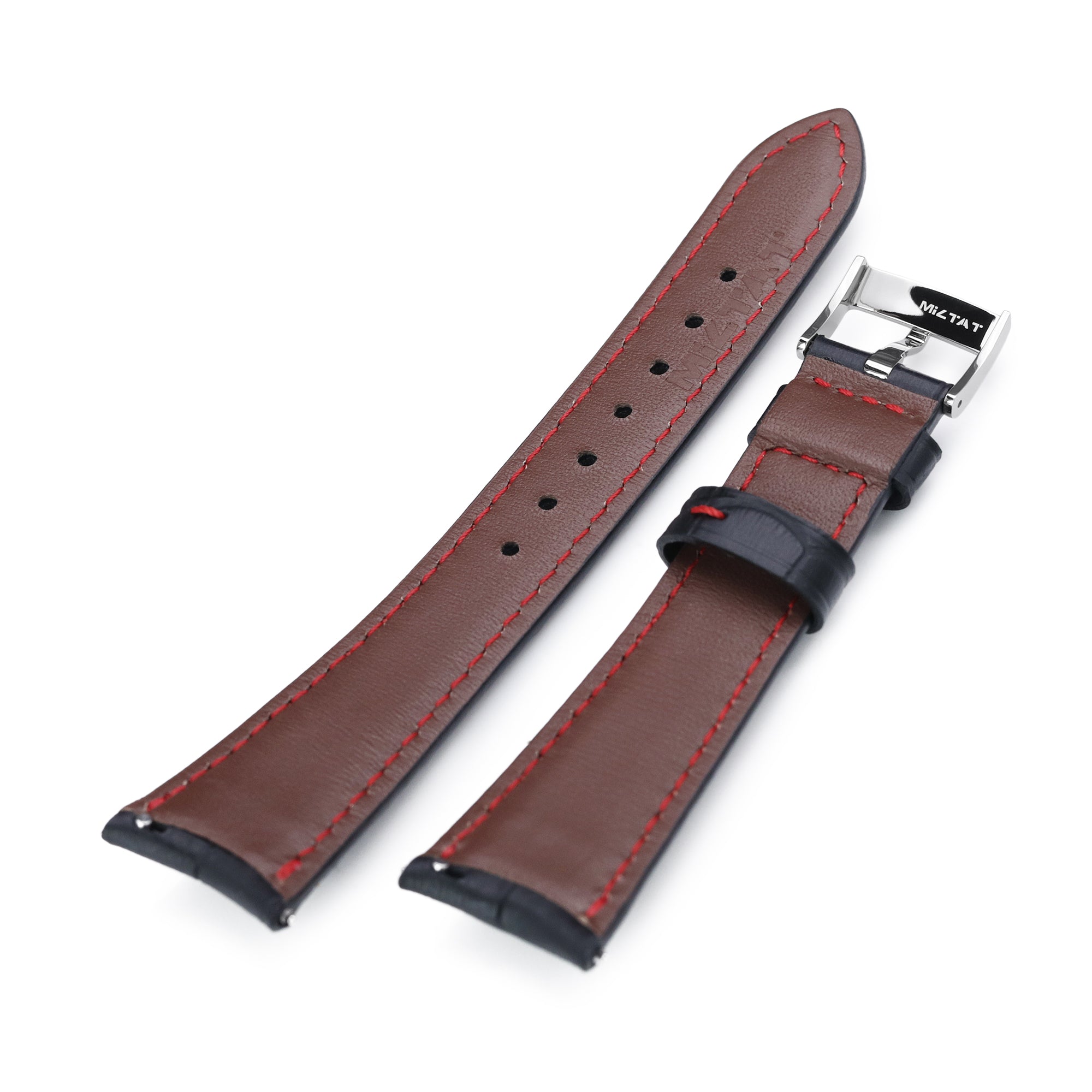 Q.R. 19mm or 21mm Black CrocoCalf (Croco Grain) Semi-Curved Watch Band, Red Stitch. Strapcode Watch Bands