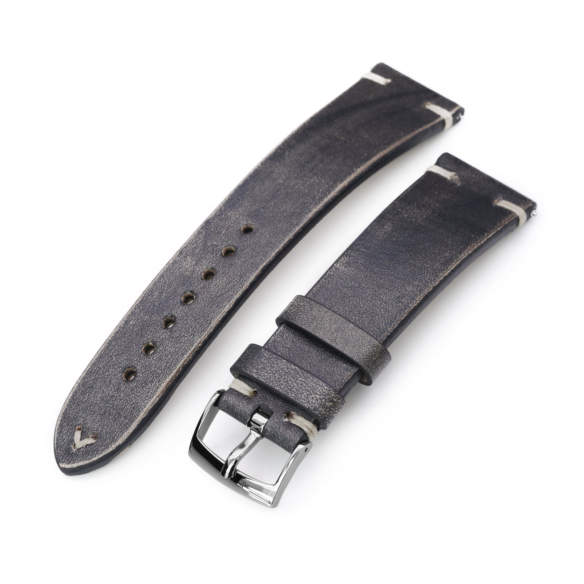 Q.R. 22mm Vintage Black Italian Handmade Leather Watch Strap, Khaki Stitching Strapcode Watch Bands