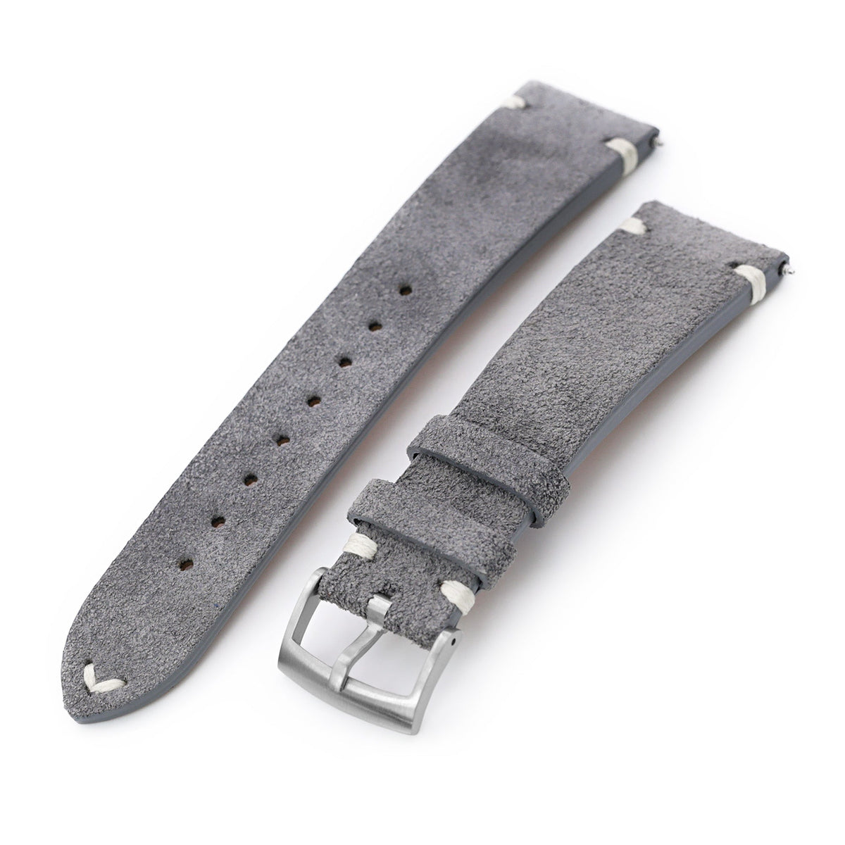 Q.R. Grey Suede watch strap 19mm to 22mm Leather Watch Band Beige Stitch. Strapcode Watch Bands