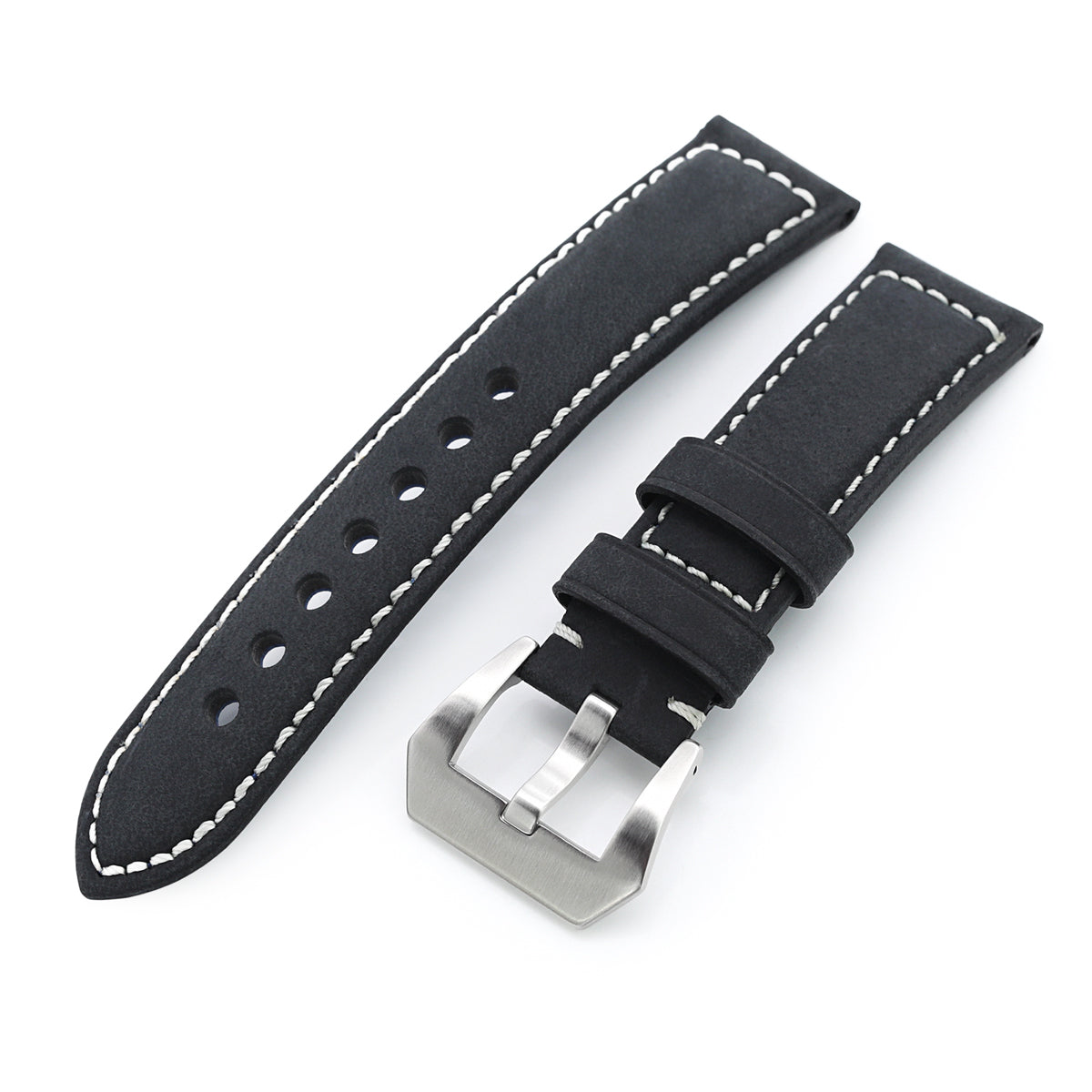 MiLTAT 22mm Matte Black Nubuck Leather Watch Strap, Beige Stitching Strapcode Watch Bands