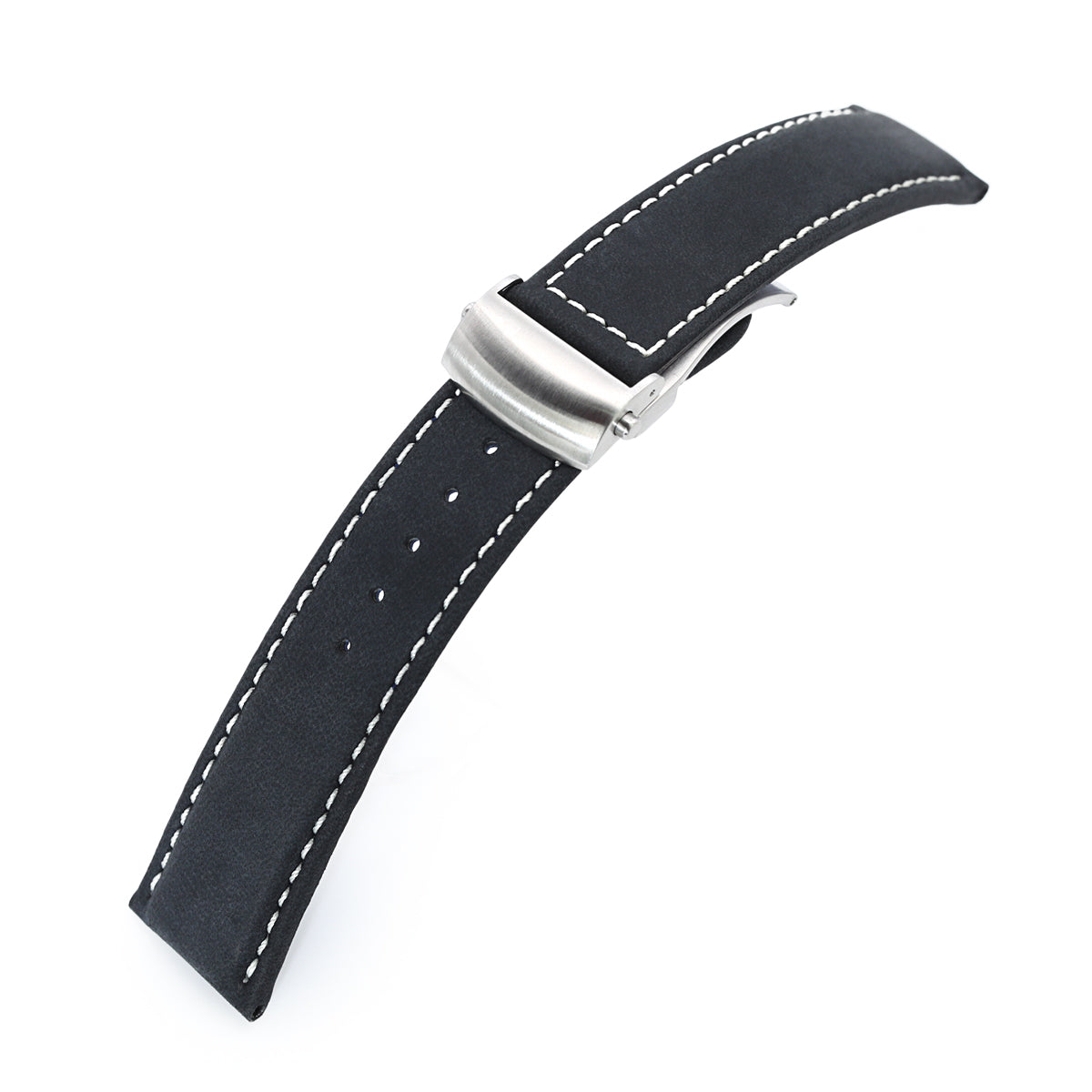 MiLTAT 22mm Matte Black Nubuck Leather Deployment Watch Strap, Beige Stitching Strapcode Watch Bands