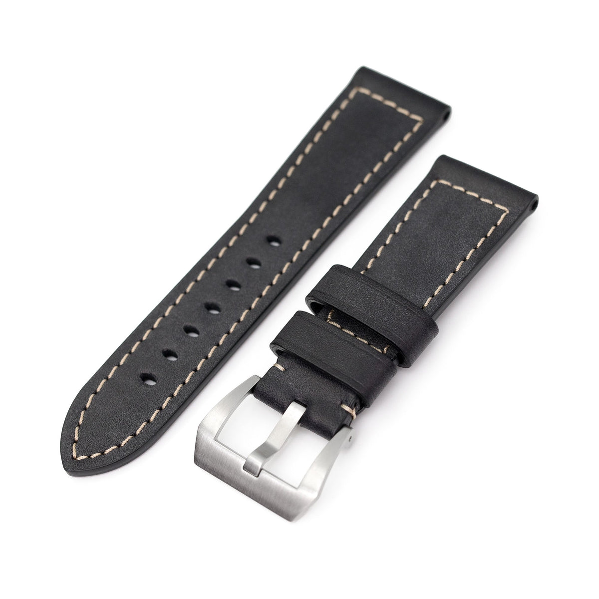 Pam Collection, Black French Crafted Barenia Leather Watch Strap for Panerai, Beige Stitching Strapcode watch bands