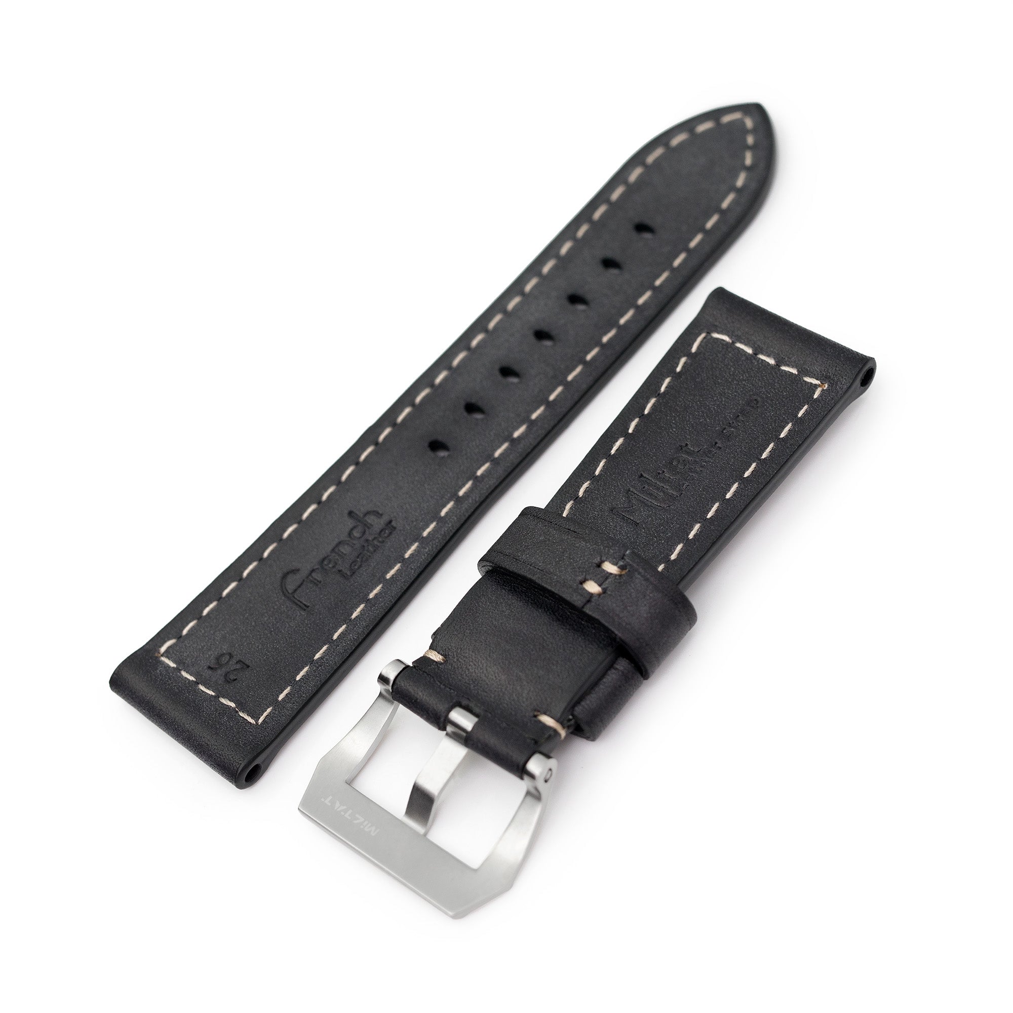 Pam Collection, Black French Crafted Barenia Leather Watch Strap for Panerai, Beige Stitching Strapcode watch bands