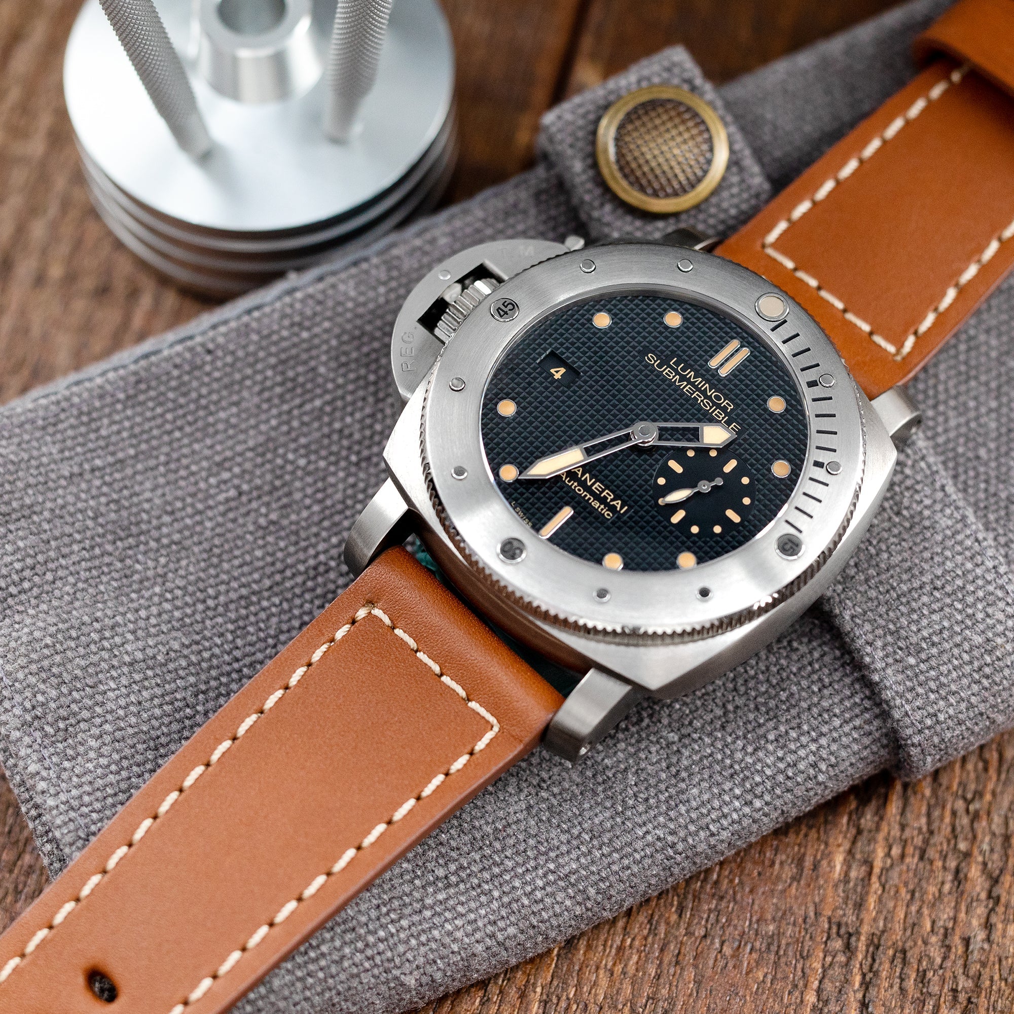 Pam Collection, Brown French Crafted Barenia Leather Watch Strap for Panerai, Beige Stitching Strapcode watch bands