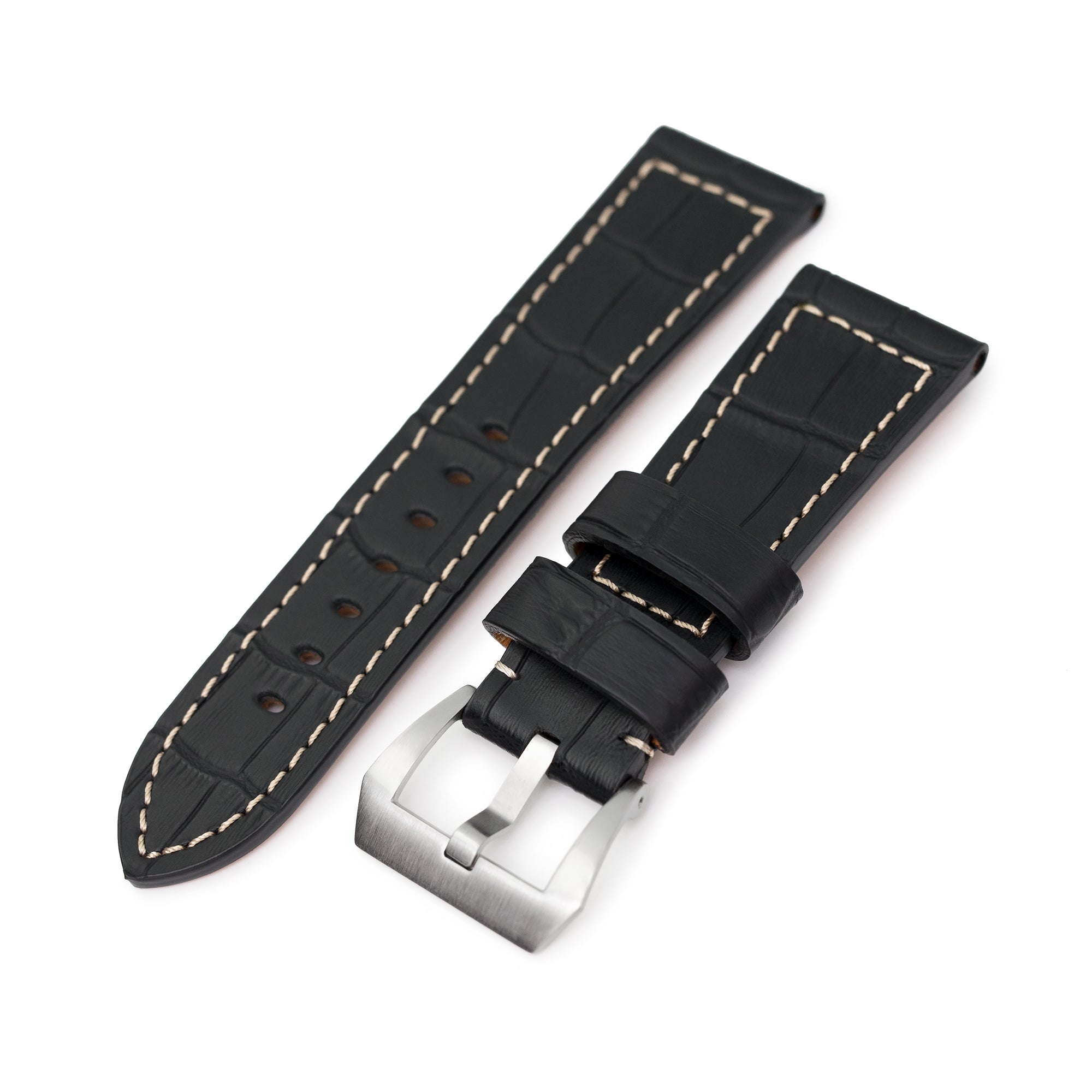 Pam Collection, Black Croco Grain Italian Leather Watch Strap for Panerai, Beige Stitching Strapcode watch bands