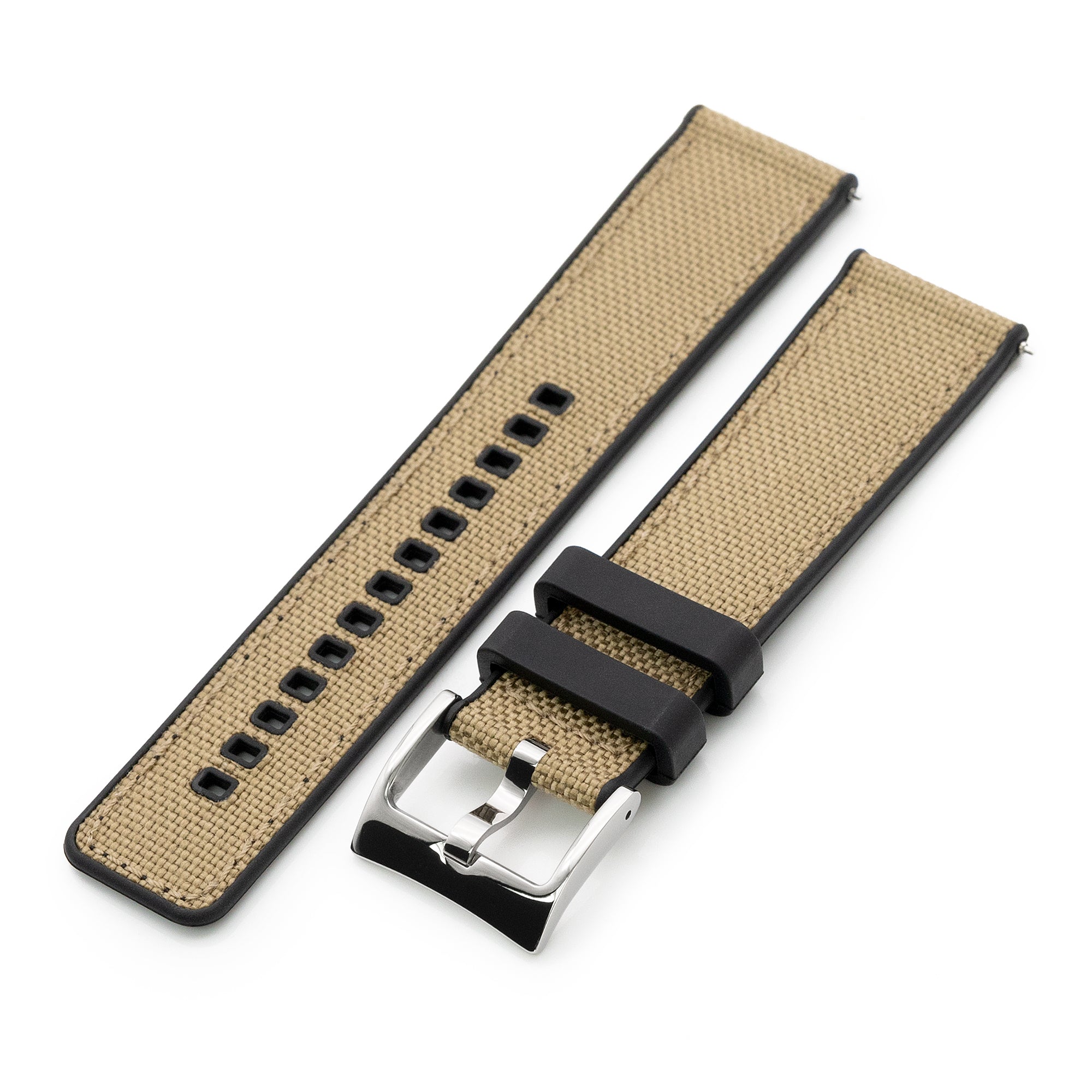 Tan / Khaki Quick Release Hybrid Sailcloth FKM Rubber Sports Watch Strap, 20mm or 22mm Strapcode Watch Bands