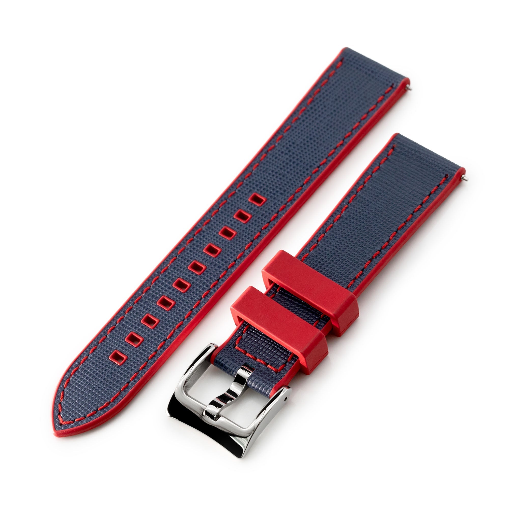 20mm Blue / Red Quick Release Leather-FKM Rubber Sports Watch Strap Strapcode Watch Bands