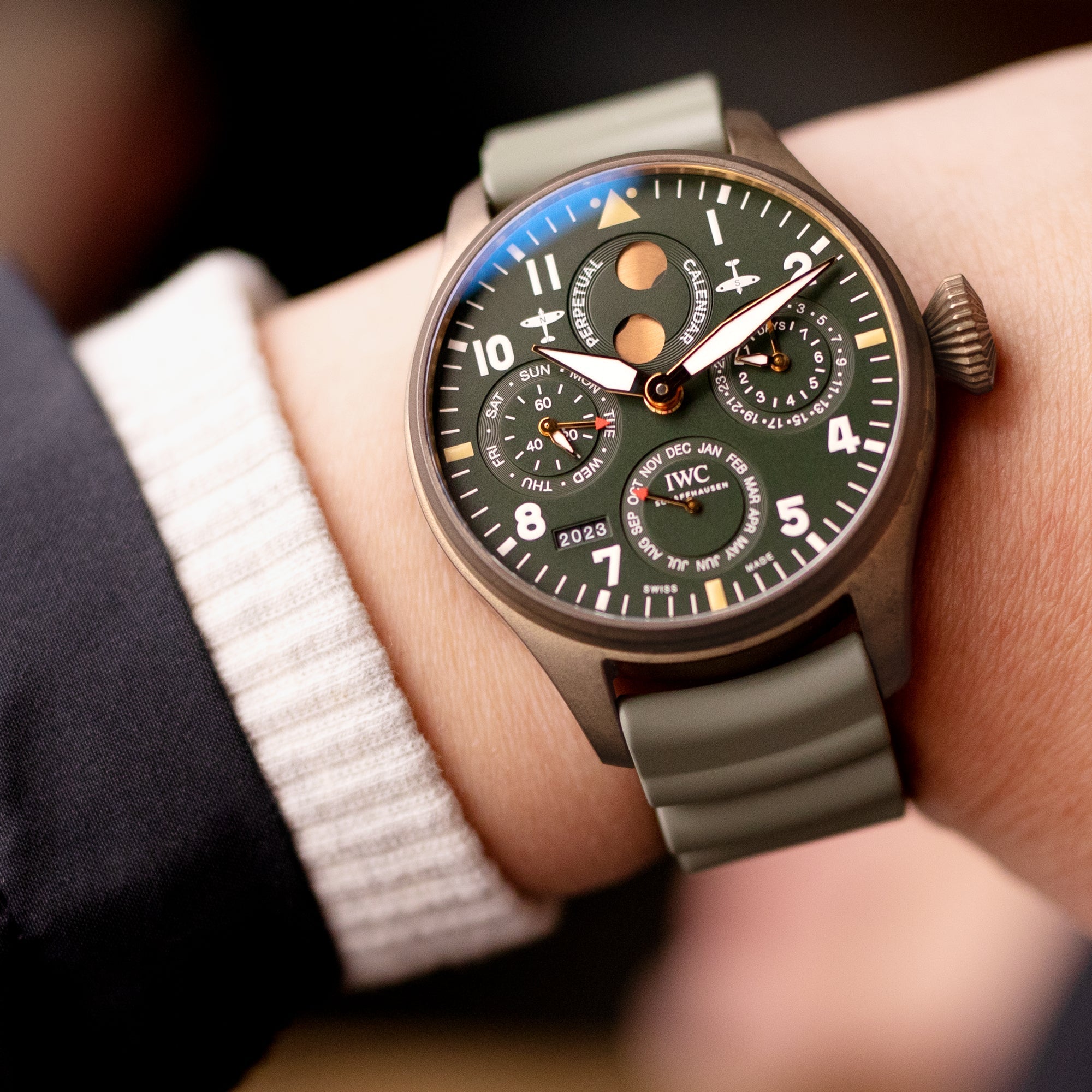 IWC Big Pilot's Watch Perpetual Calendar Spitfire IW503601; IWC Big Pilot watch 5002 46mm 7 Day Power Reserve Strapcode watch bands