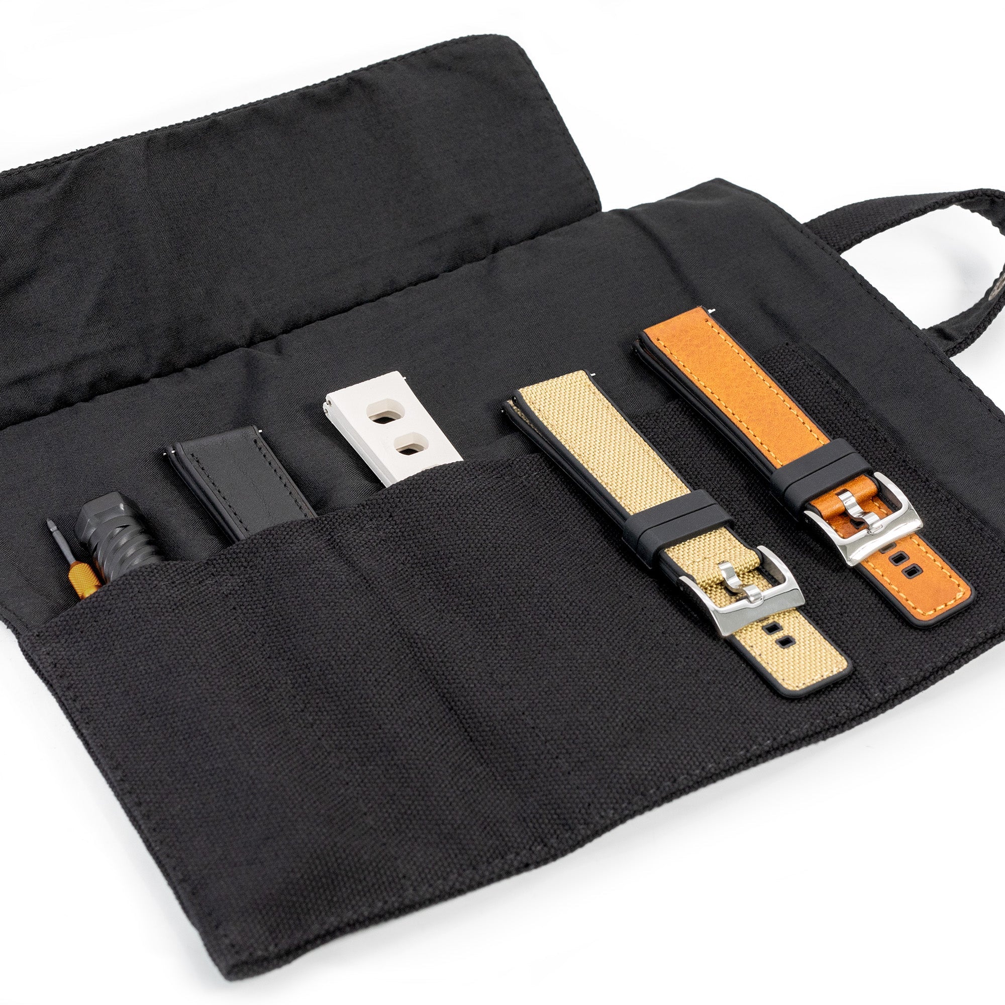 Black Wash Canvas Watch Band Roll Storage, 5 watch strap pockets Strapcode Watch Bands