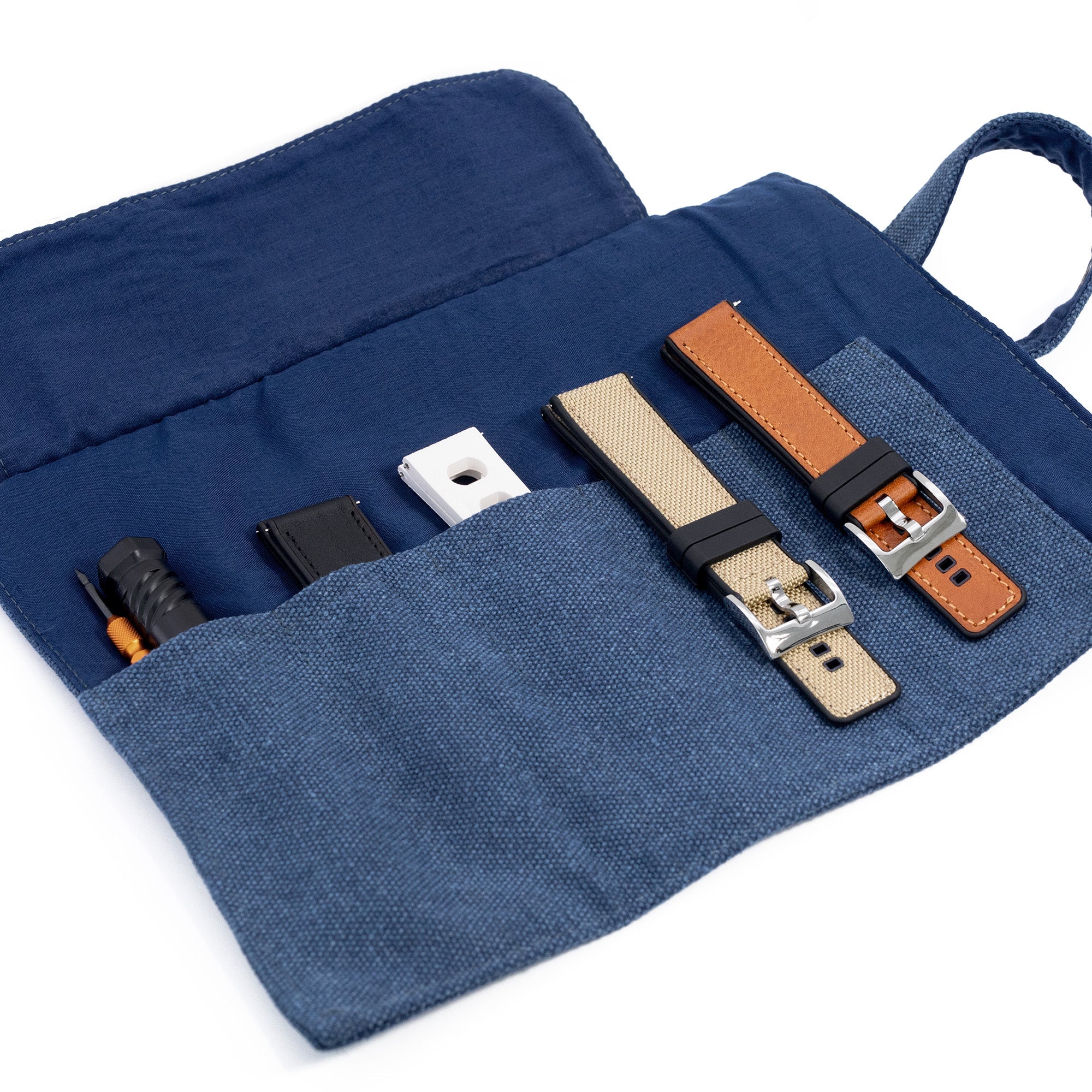 Navy Blue Wash Canvas Watch Band Roll Storage, 5 watch strap pockets Strapcode Watch Bands