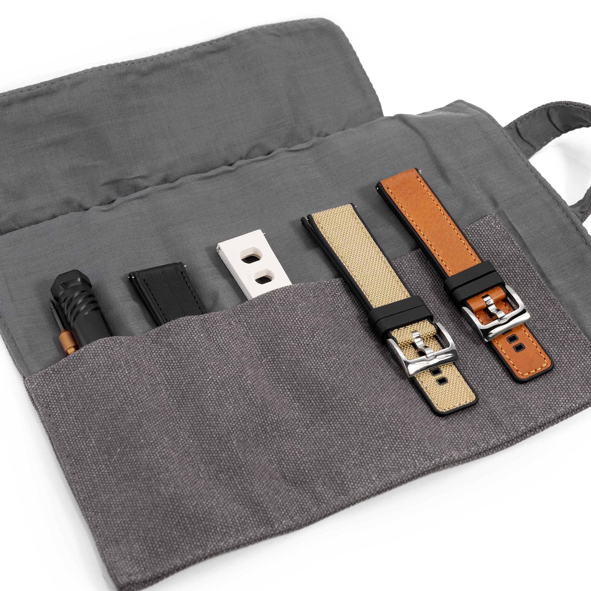 Grey Wash Canvas Watch Band Roll Storage, 5 watch strap pockets Strapcode Watch Bands