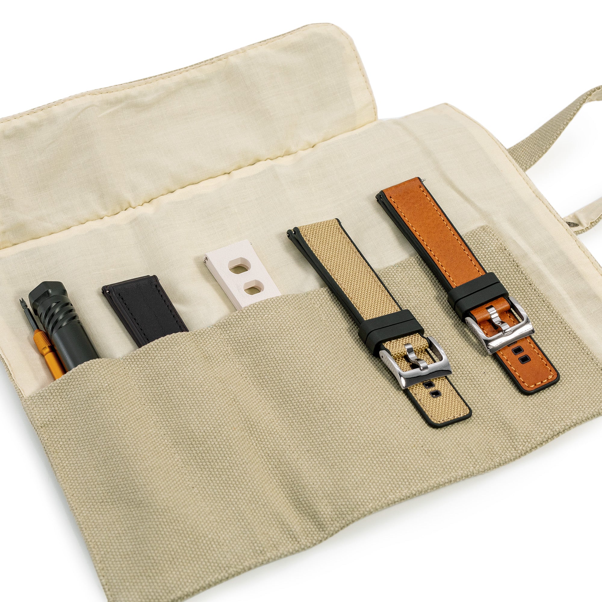 Khaki Wash Canvas Watch Band Roll Storage, 5 watch strap pockets Strapcode Watch Bands