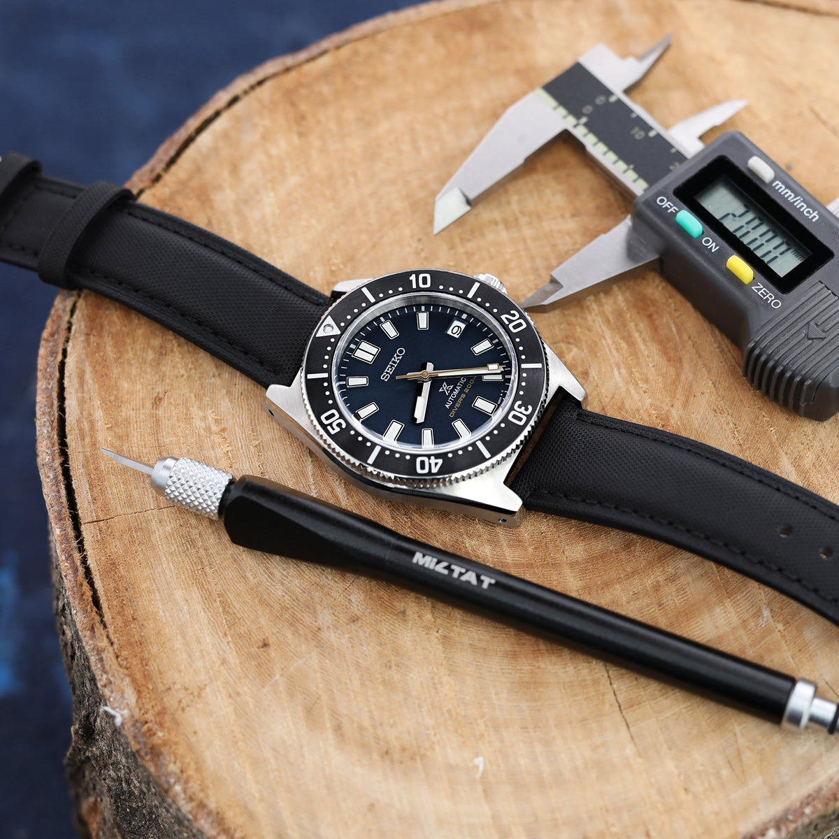 20mm or 22mm Black Woven Texture Watch Strap, Black Stitching, Polished