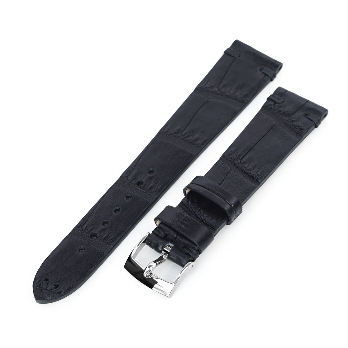 20mm Black Italian Handmade Alligator Belly Watch Band, Same Color Stitching, Polished Buckle Strapcode Watch Bands