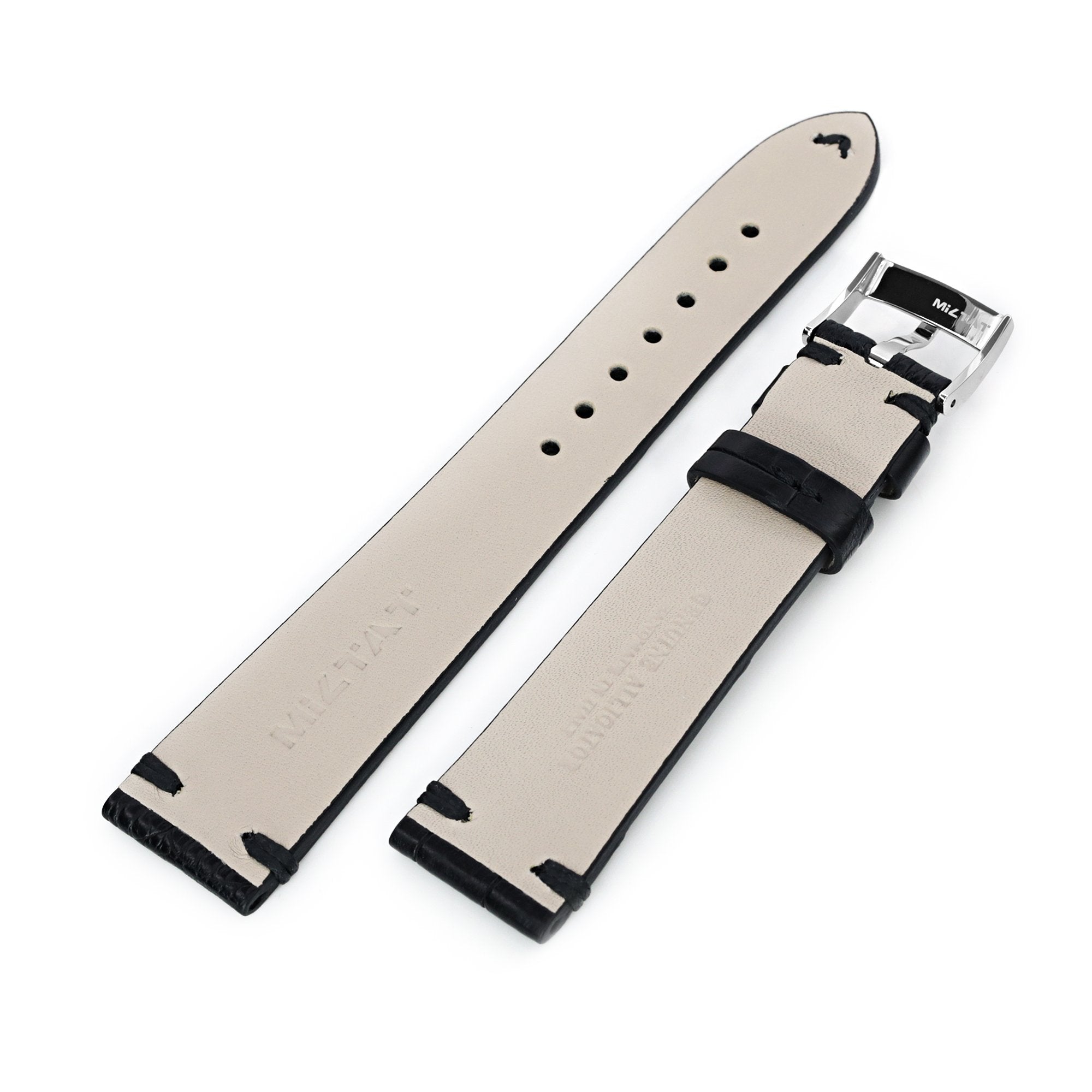 20mm Black Italian Handmade Alligator Belly Watch Band, Same Color Stitching, Polished Buckle Strapcode Watch Bands