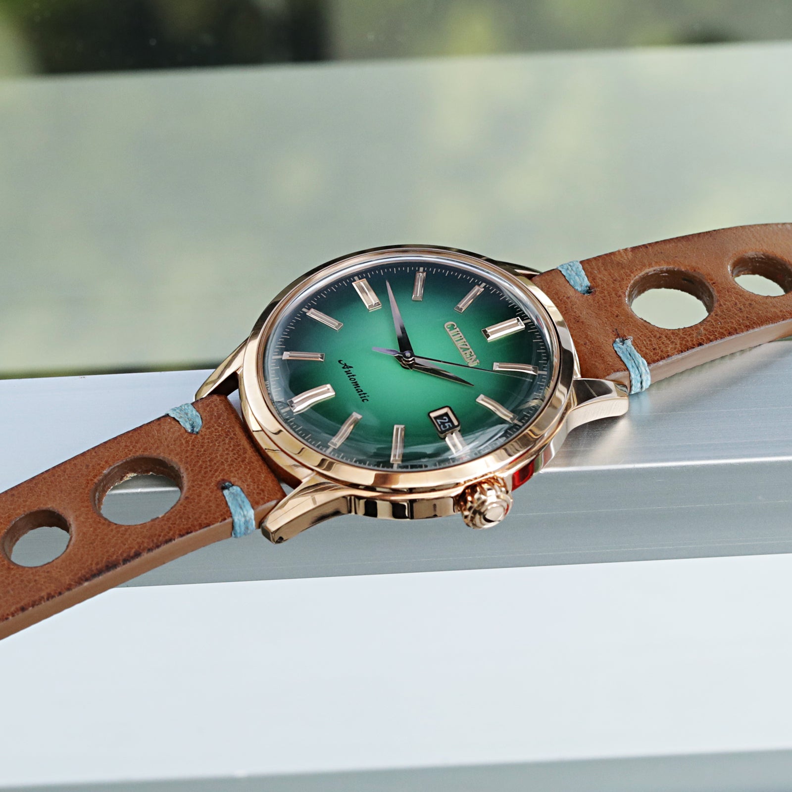 Q.R20mm ブラウン イタリア製ハンドメイド レーサー レザーバンド、ブルーSt.