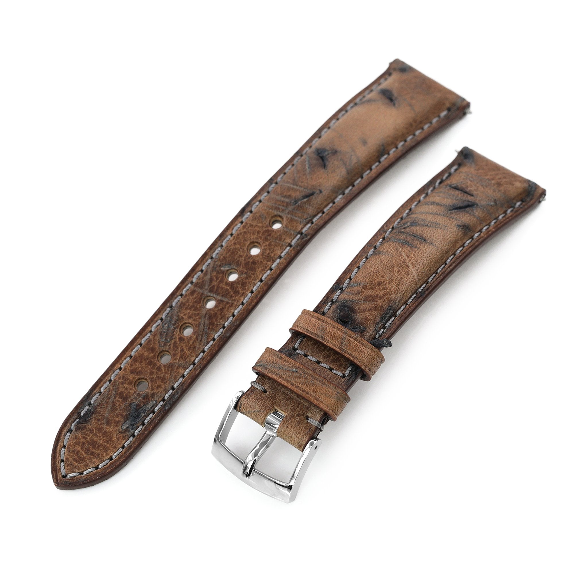 Quick Release, Heavy Scratch Brown Italian Leather of Art Tapered Watch Strap, 19mm or 20mm Strapcode Watch Bands