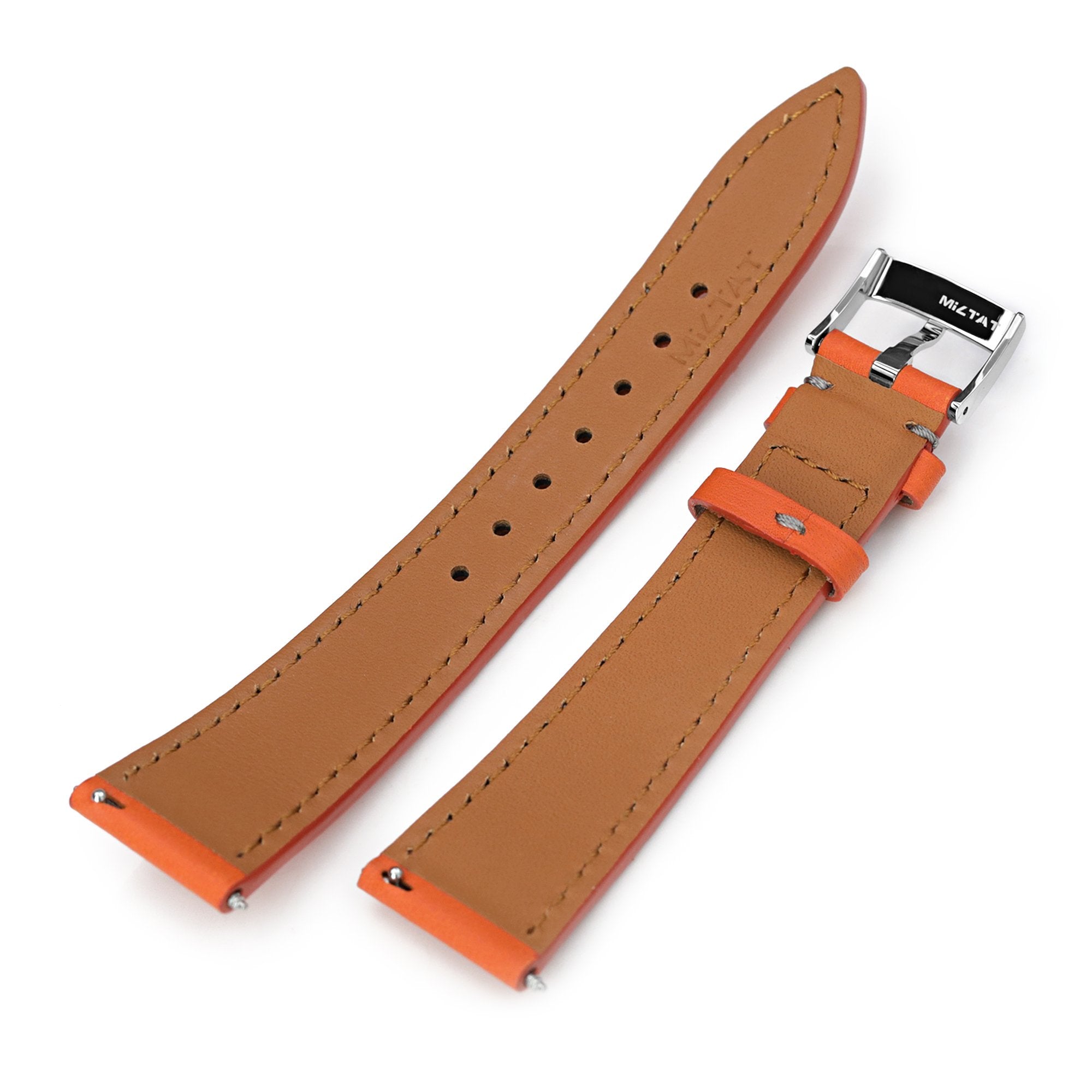 Q.R. 20mm Orange Tapered Leather Watch Band, Light Grey Stitching + Zermatt Strapcode Watch Bands