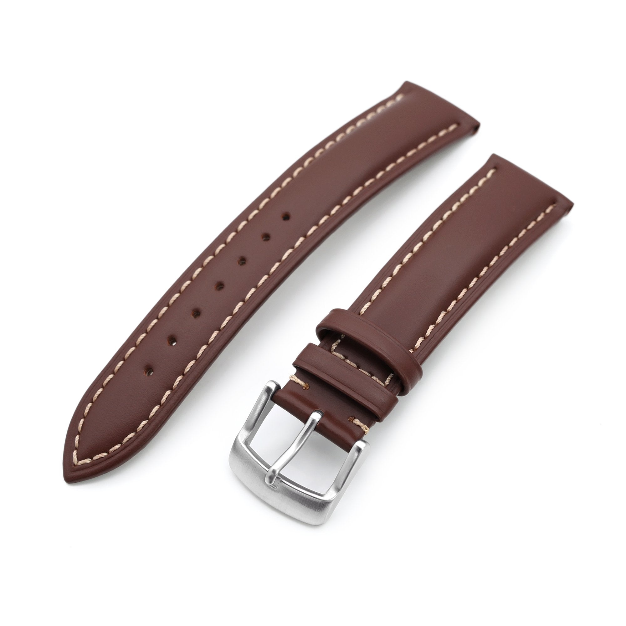 20mm Pecan Brown Tapered Smooth Leather Watch Band, Brushed Buckle Strapcode Watch Bands