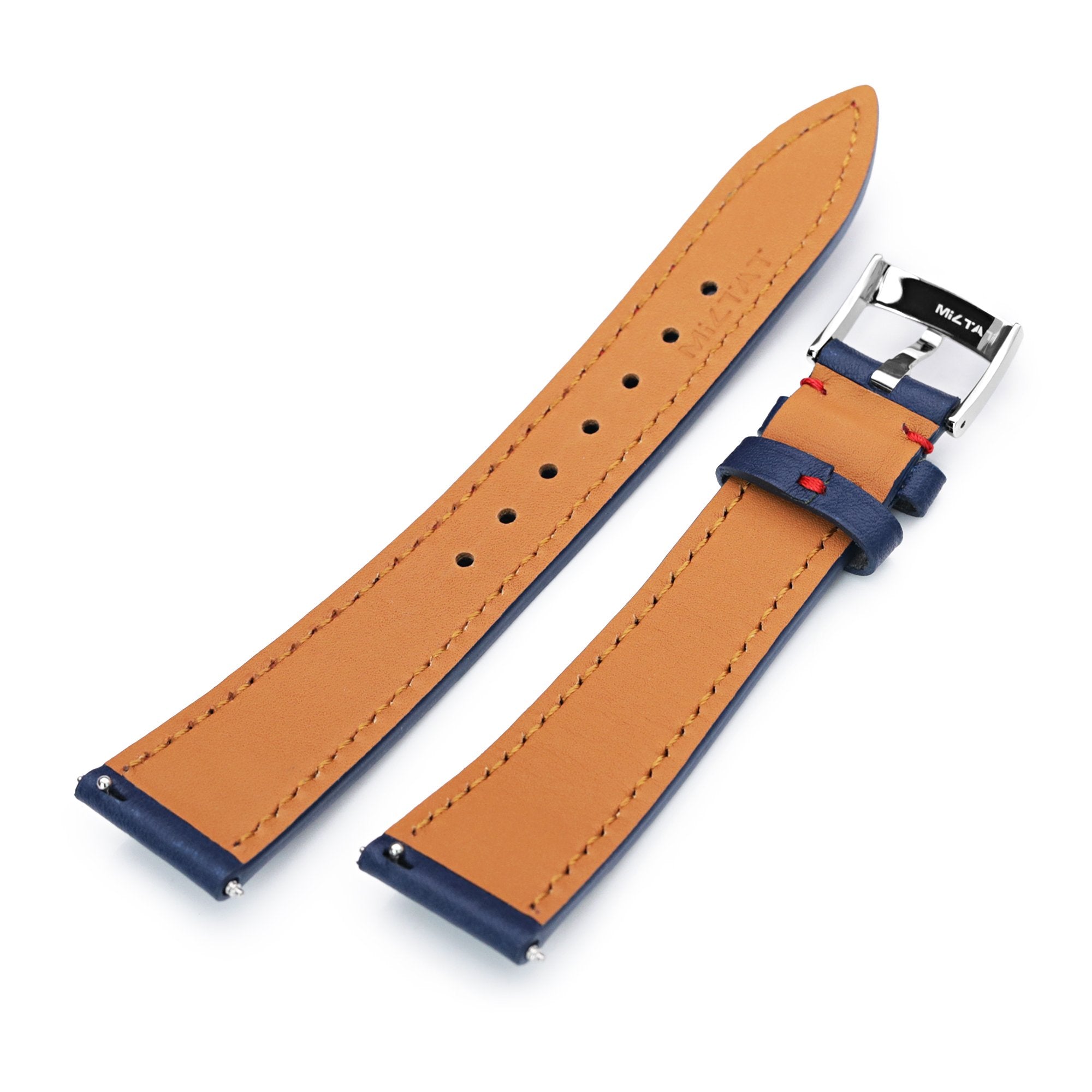 Q.R. 19mm, 20mm or 22mm Blue Tapered Leather Watch Band, Red Stitching + Zermatt Strapcode Watch Bands