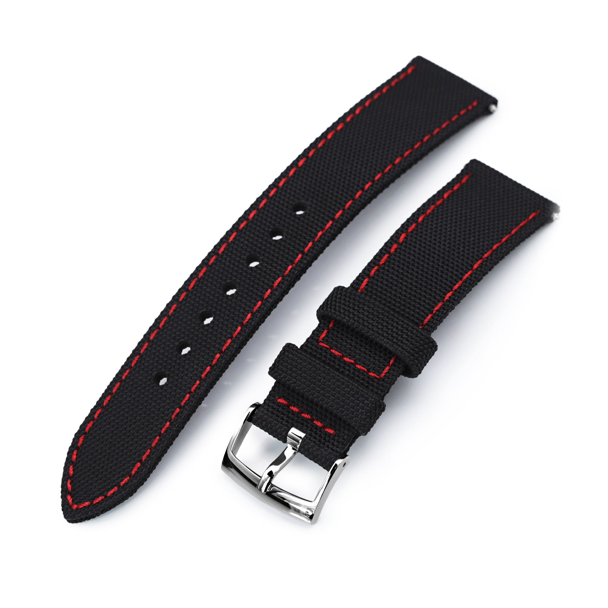 20mm Sailcloth Strap Black Quick Release Nylon Watch Band, Red Stitching Strapcode Watch Bands