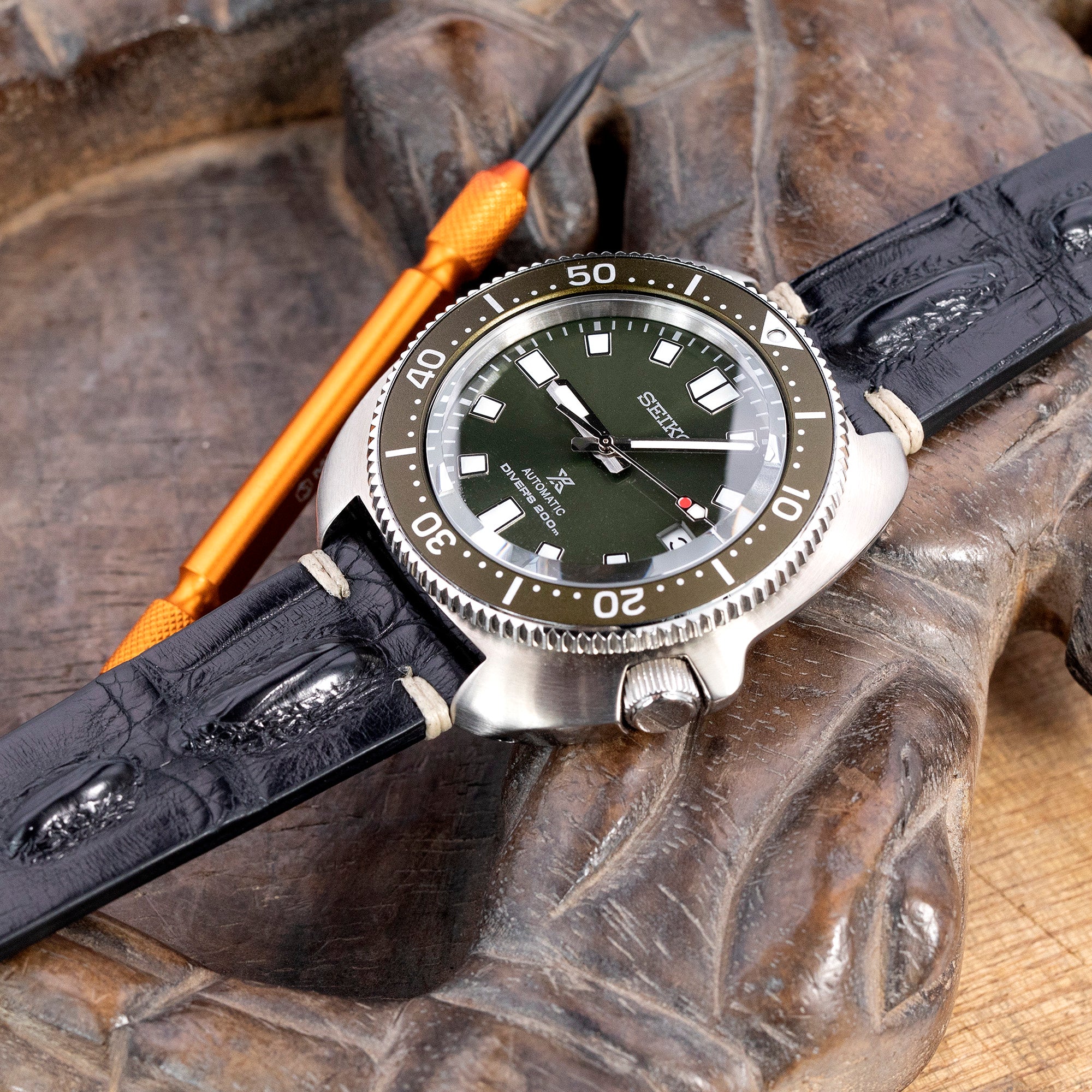 Black Italian Handmade Hornback Alligator Watch Band, Beige Stitching, P Buckle, 20mm or 22mm Strapcode Watch Bands