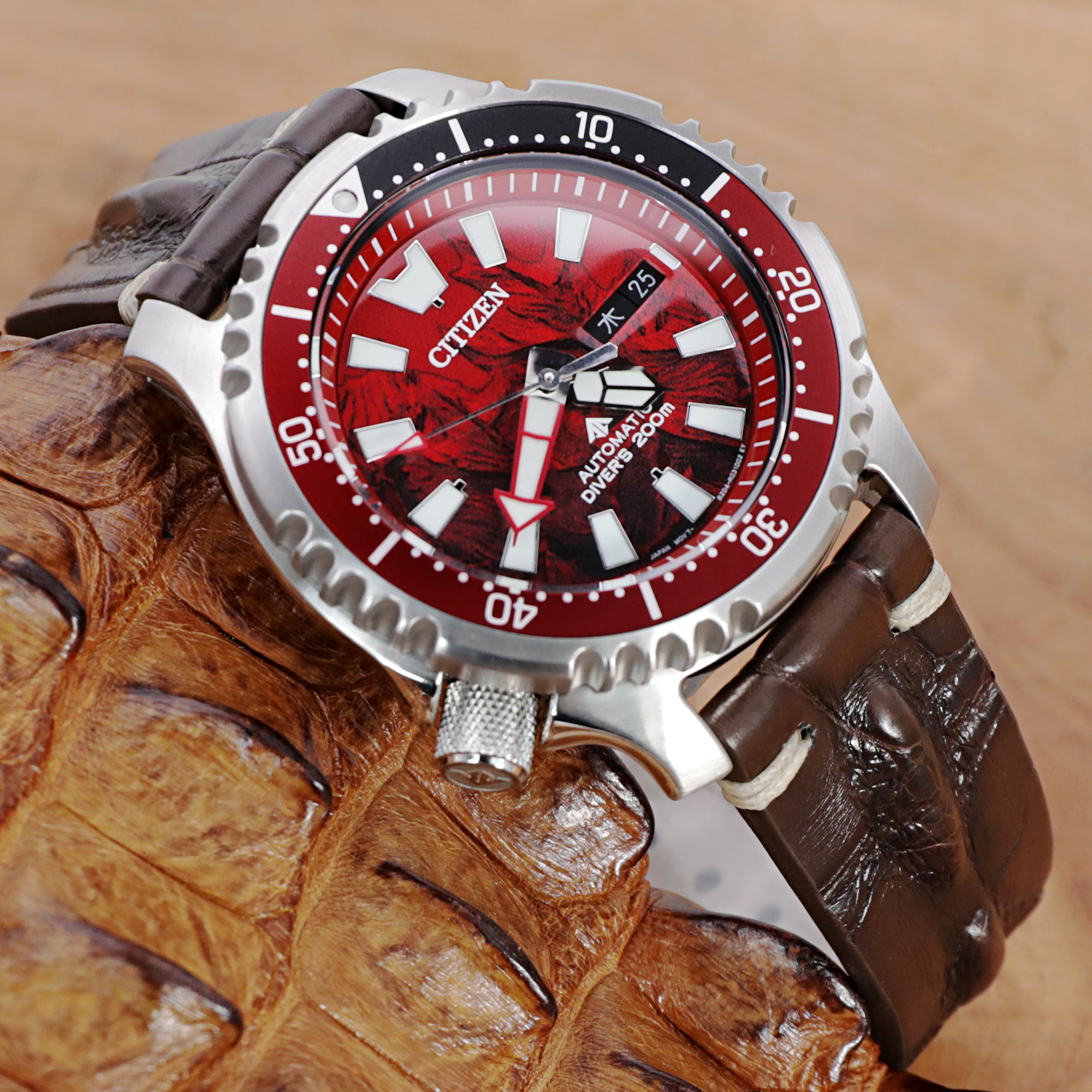 20mm Dark Brown Italian Handmade Hornback Alligator Watch Band, Beige Stitching, P Buckle Strapcode Watch Bands