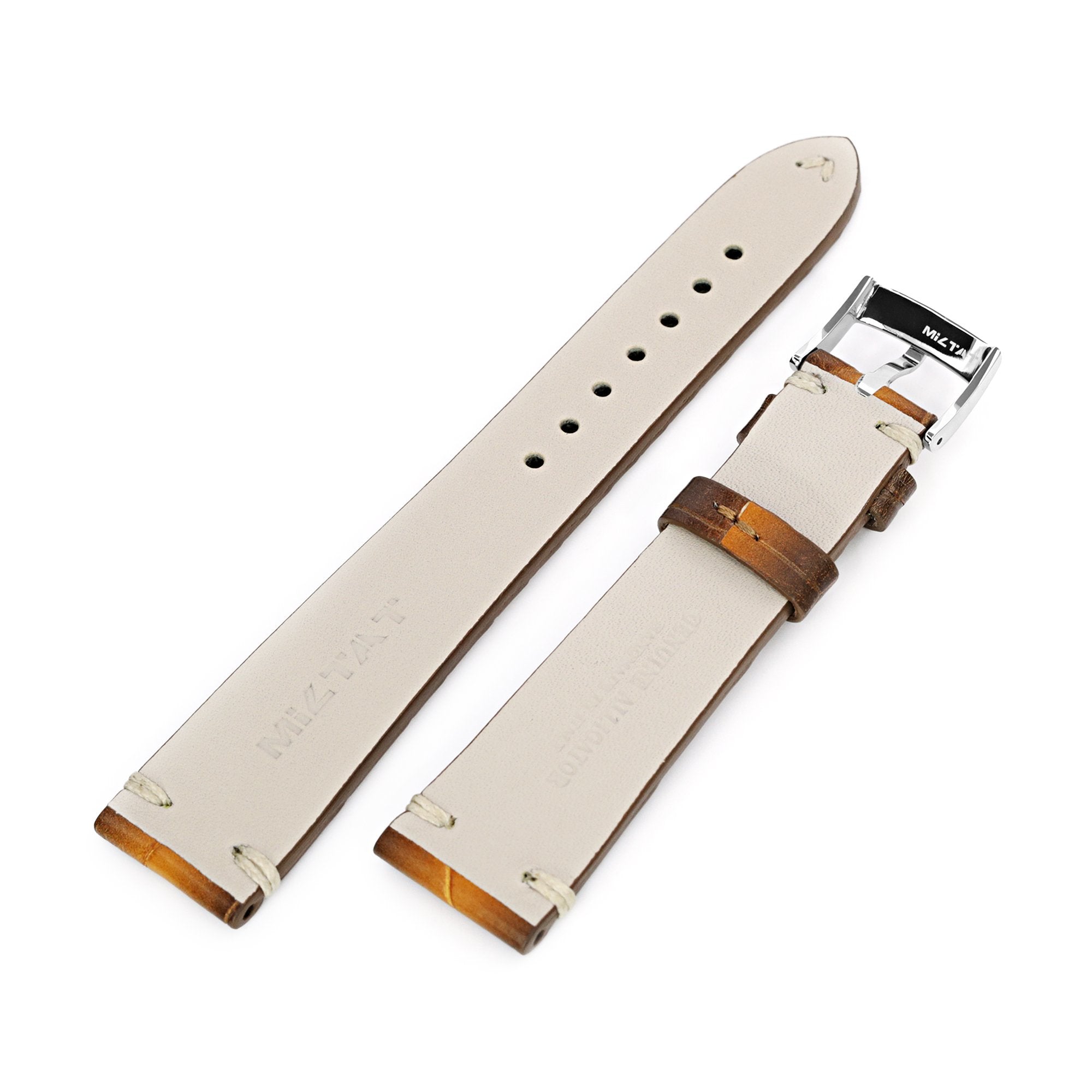 20mm Tan 2 Tone Italian Handmade Alligator Belly Watch Band, Beige Stitching, P Buckle Strapcode Watch Bands