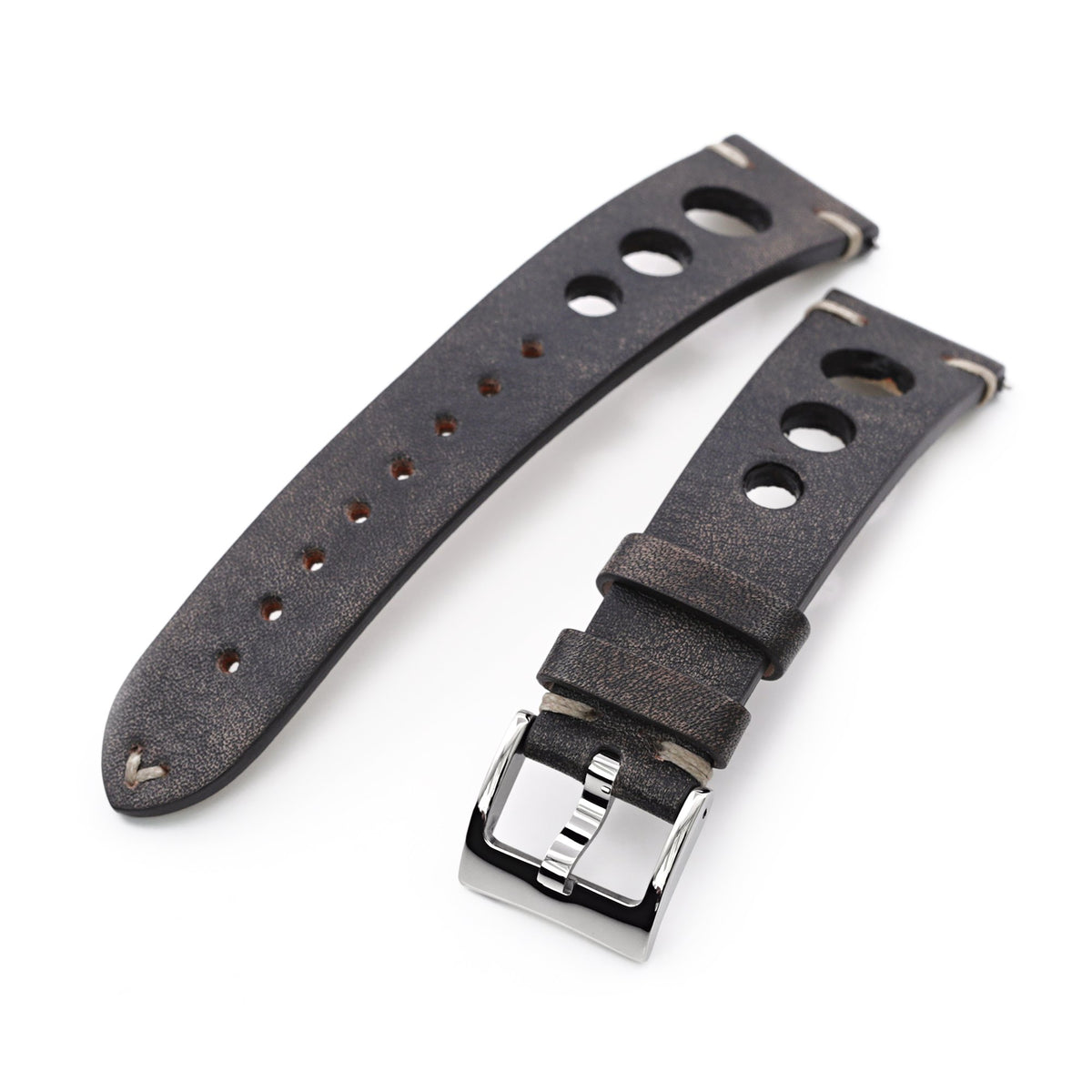 Q.R. 19mm or 20mm Blackish Brown Leather Italian Handmade Racer Watch Band, Beige Stitch. Strapcode Watch Bands