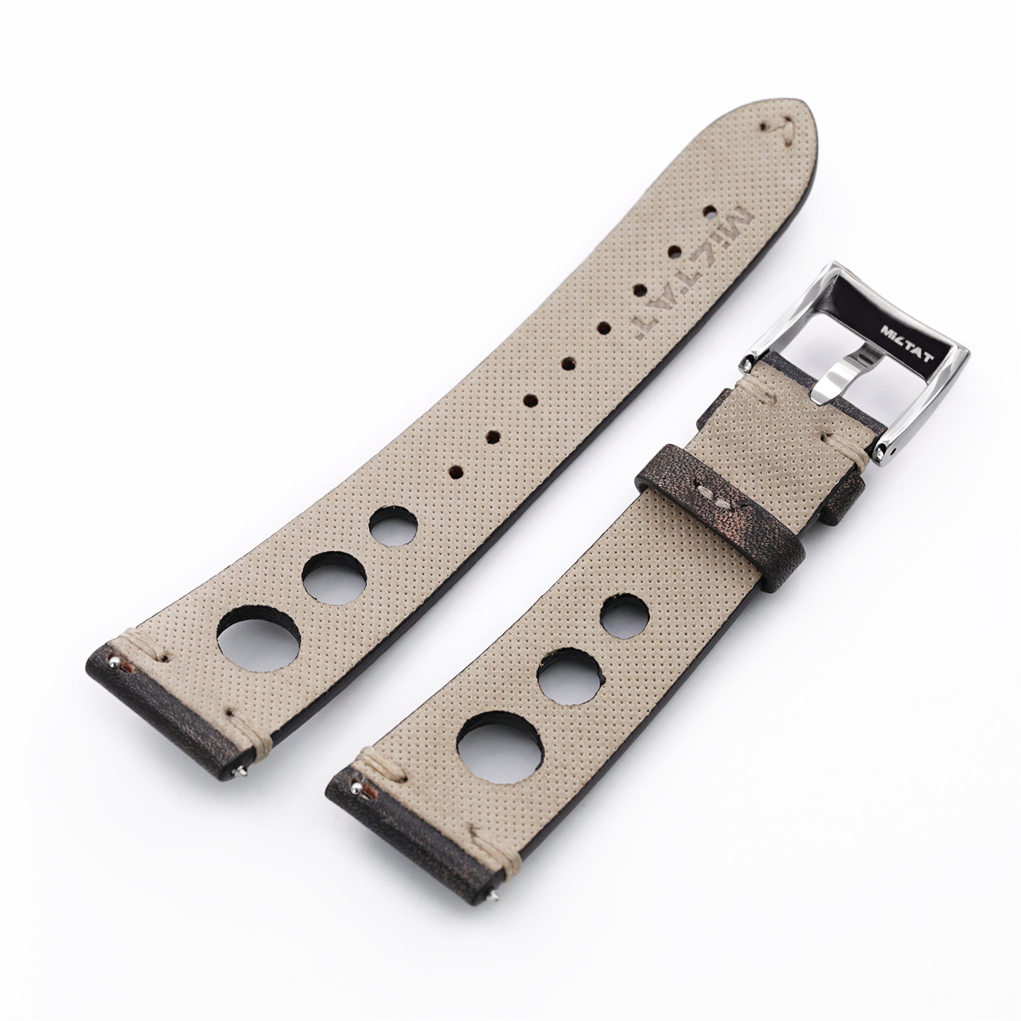 Q.R. 19mm or 20mm Blackish Brown Leather Italian Handmade Racer Watch Band, Beige Stitch. Strapcode Watch Bands