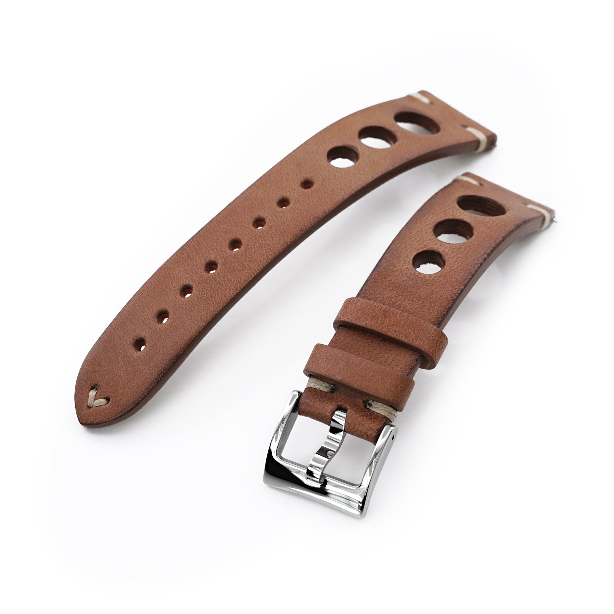 Q.R. 19mm or 20mm Brown Leather Italian Handmade Racer Watch Band, Beige Stitch. Strapcode Watch Bands