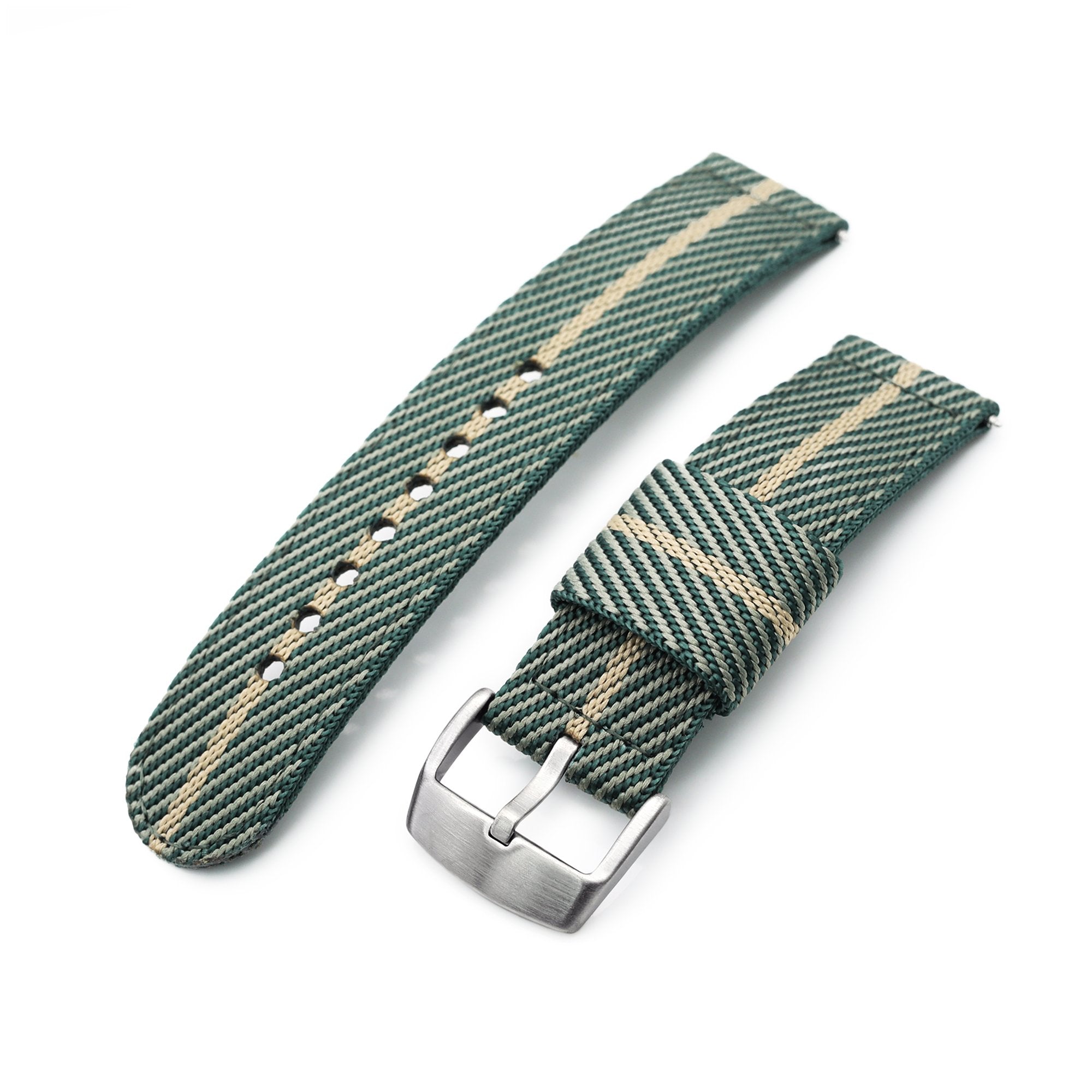 22mm 2-pcs Nylon Watch Band, Quick Release, Green & Khaki, Brushed Buckle Strapcode Watch Bands