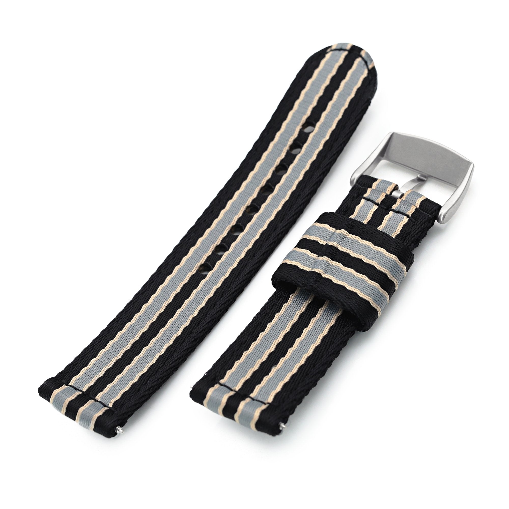 22mm 2-pcs Seatbelt Nylon Watch Band, Black, Grey and Khaki Stripes, Brushed Buckle Strapcode Watch Bands
