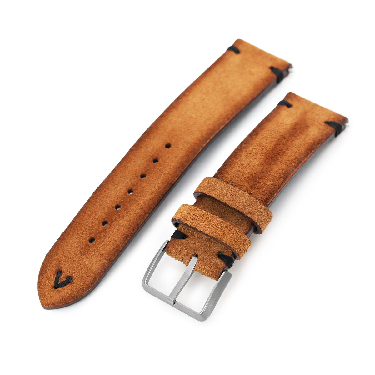 Camel Brown 19mm, 20mm, 21mm, 22mm MiLTAT Quick Release Nubuck Leather Watch Strap, Black Stitching, Sandblasted Strapcode Watch Bands
