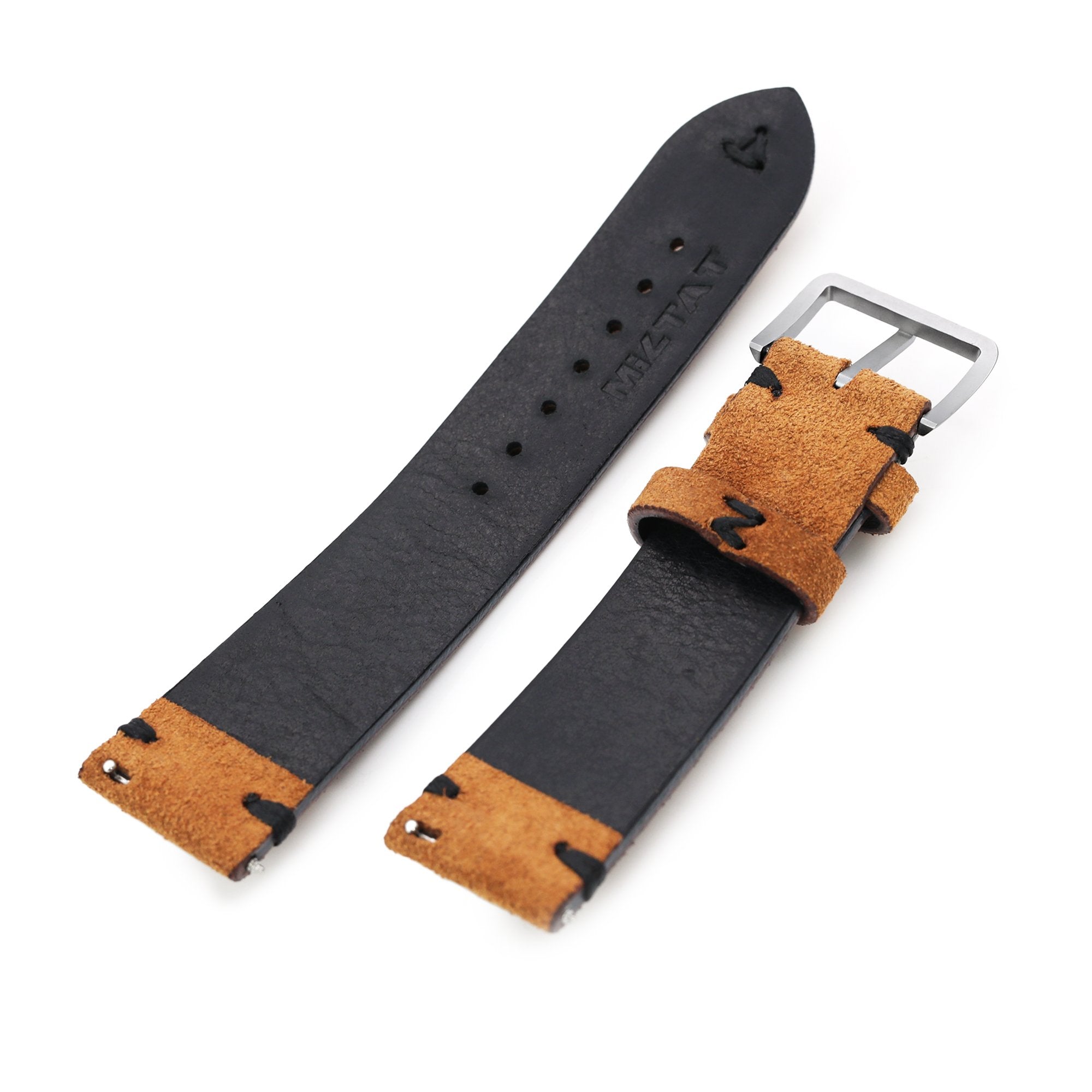 Camel Brown 19mm, 20mm, 21mm, 22mm MiLTAT Quick Release Nubuck Leather Watch Strap, Black Stitching, Sandblasted Strapcode Watch Bands