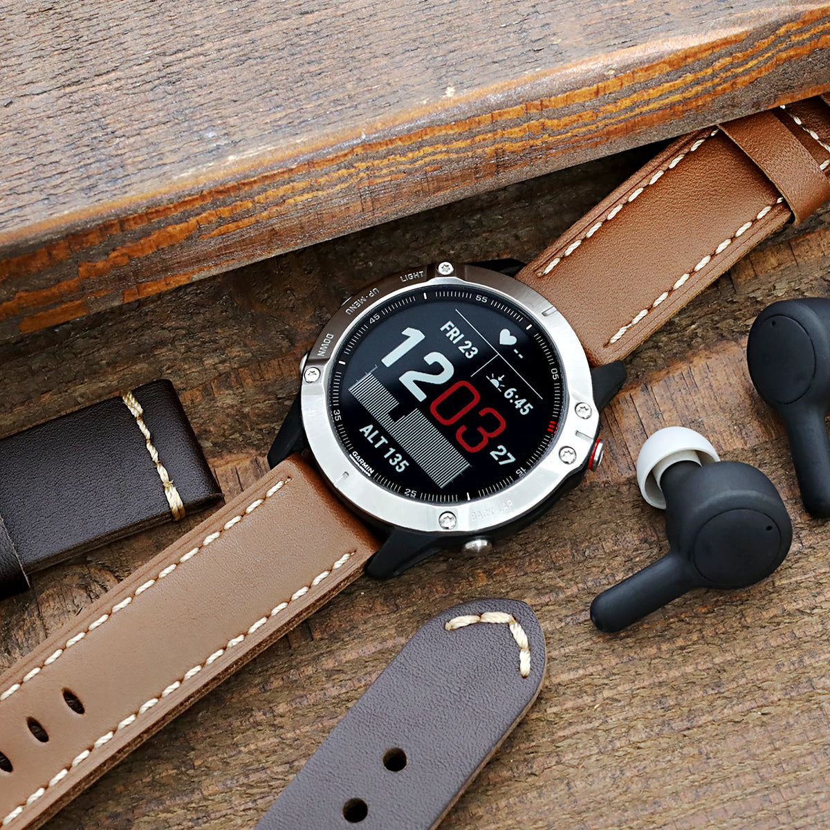 22mm チェスナットブラウン ストレートレザー時計バンド、ブラッシュドバックル