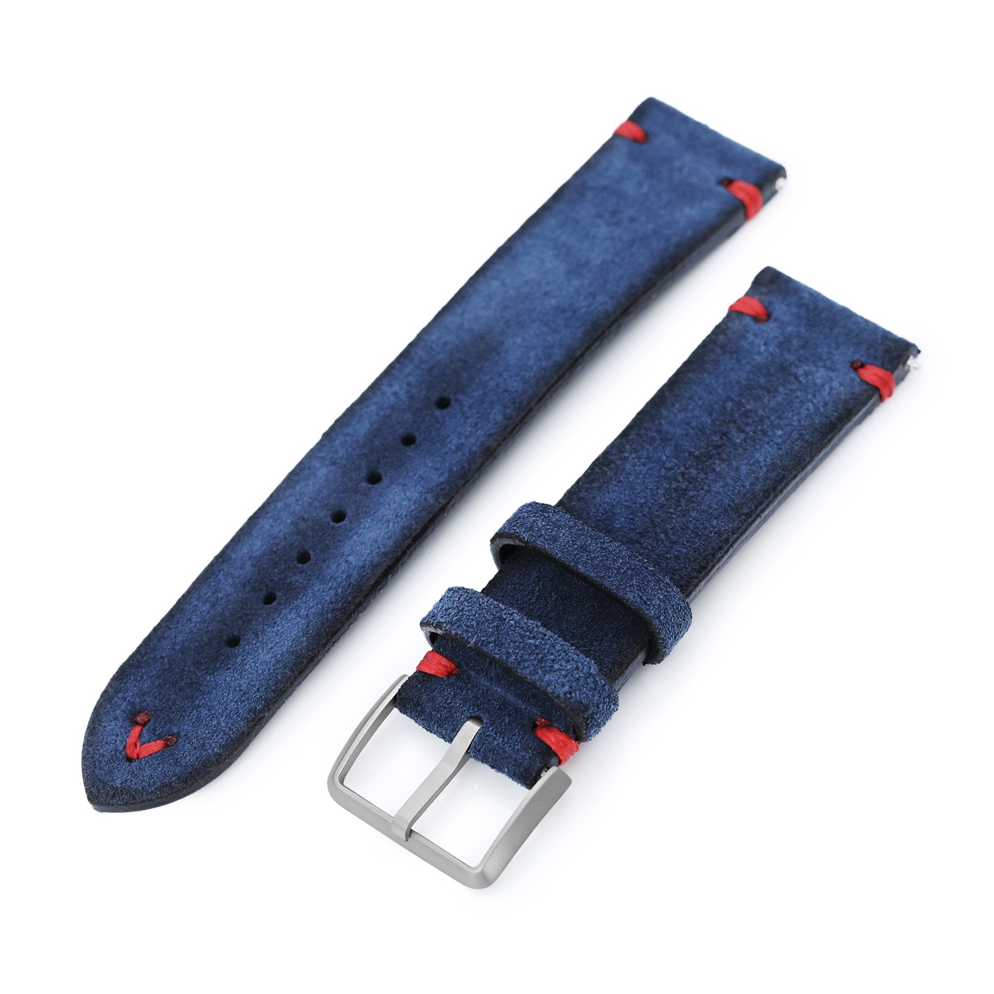 Navy Blue 19mm, 20mm, 21mm, 22mm MiLTAT Quick Release Nubuck Leather Watch Strap, Red Stitching, Sandblasted Strapcode Watch Bands