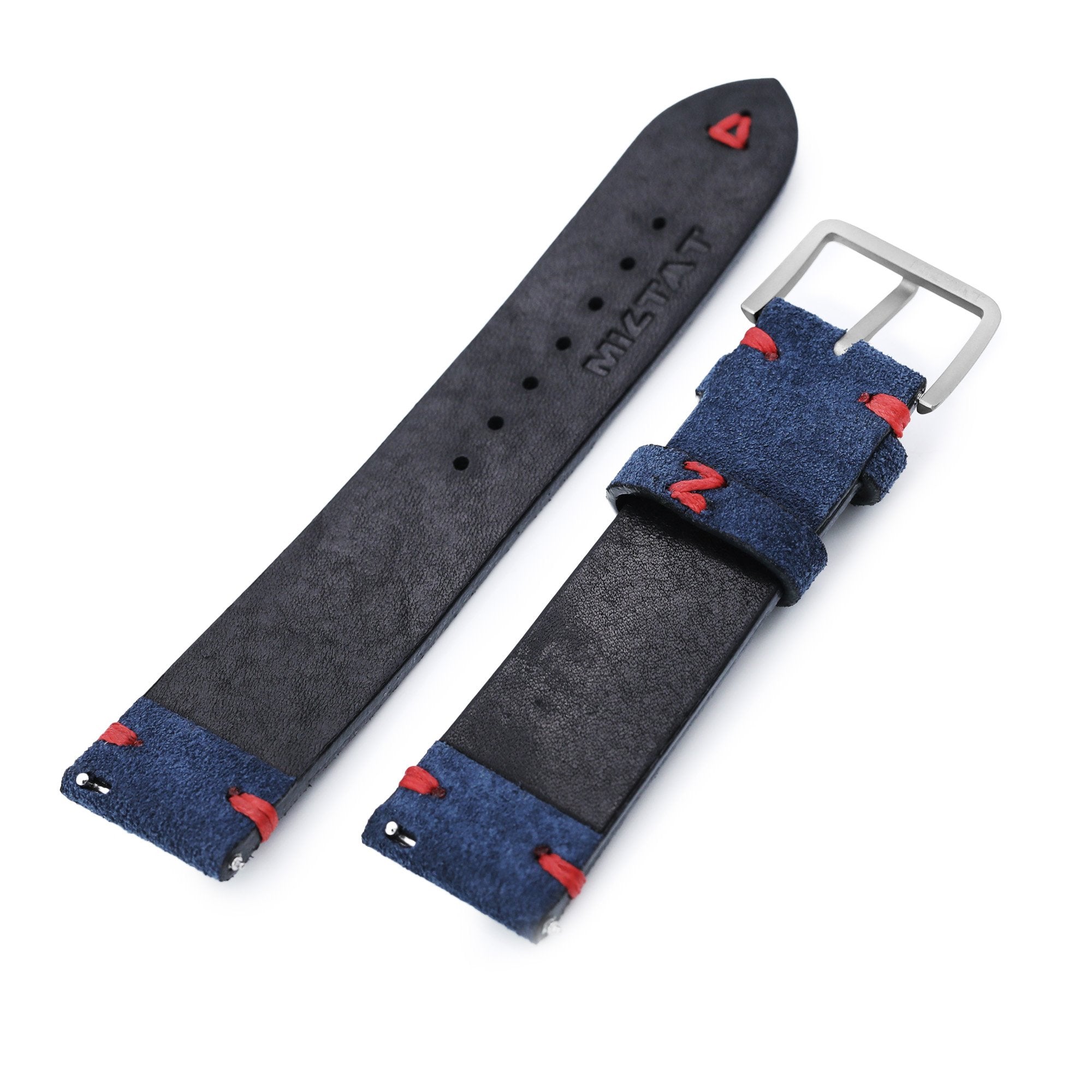 Navy Blue 19mm, 20mm, 21mm, 22mm MiLTAT Quick Release Nubuck Leather Watch Strap, Red Stitching, Sandblasted Strapcode Watch Bands