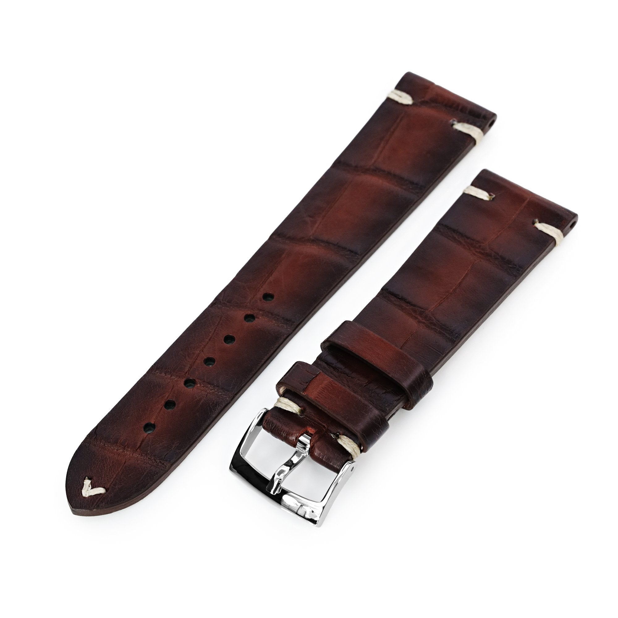 Dark Brown Italian Handmade Alligator Vintage Watch Band, Beige Stitching, P Buckle, 20mm or 22mm  Strapcode Watch Bands