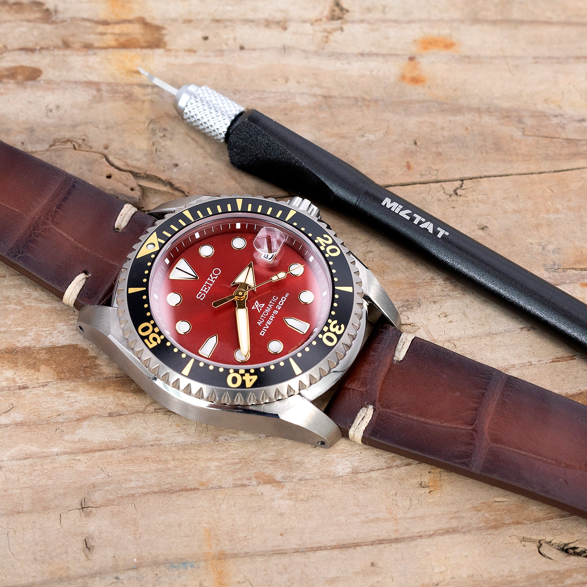Dark Brown Italian Handmade Alligator Vintage Watch Band, Beige Stitching, P Buckle, 20mm or 22mm  Strapcode Watch Bands