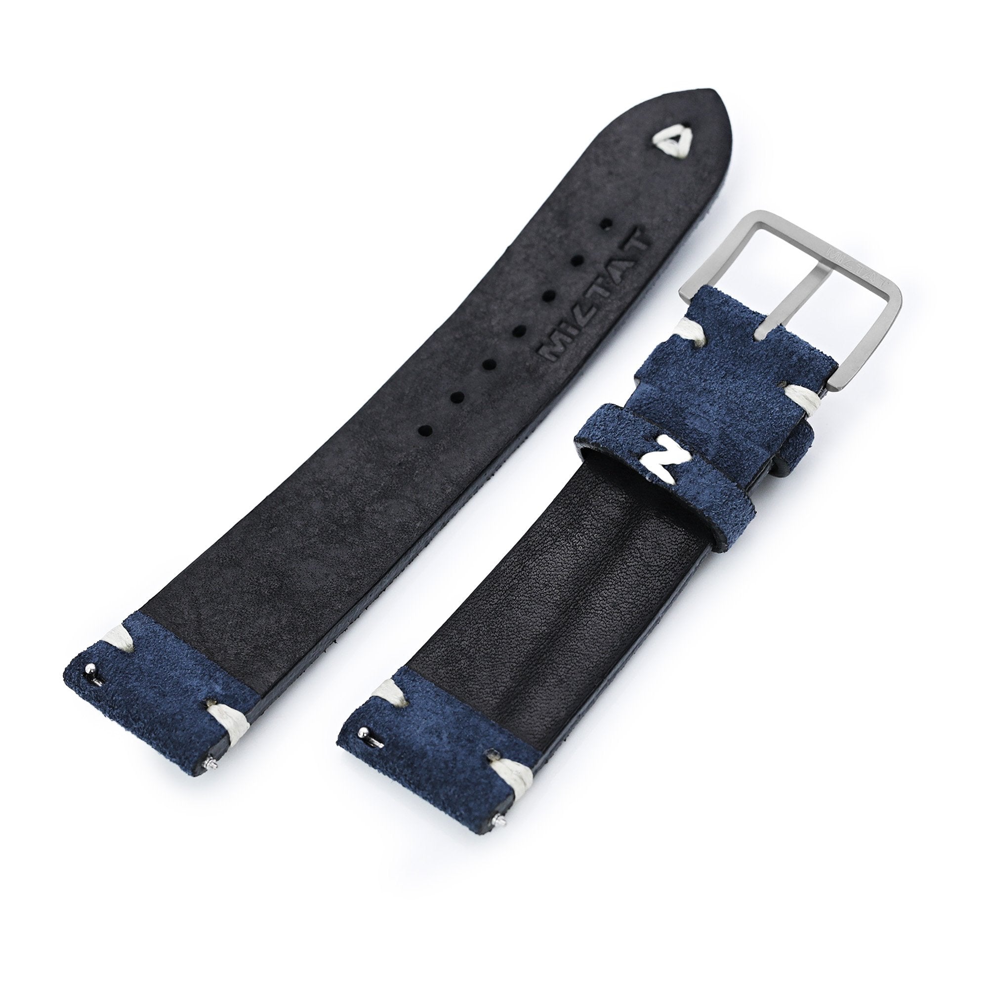 Navy Blue 19mm, 20mm, 21mm, 22mm MiLTAT Quick Release Nubuck Leather Watch Strap, Beige Stitching, Sandblasted Strapcode Watch Bands